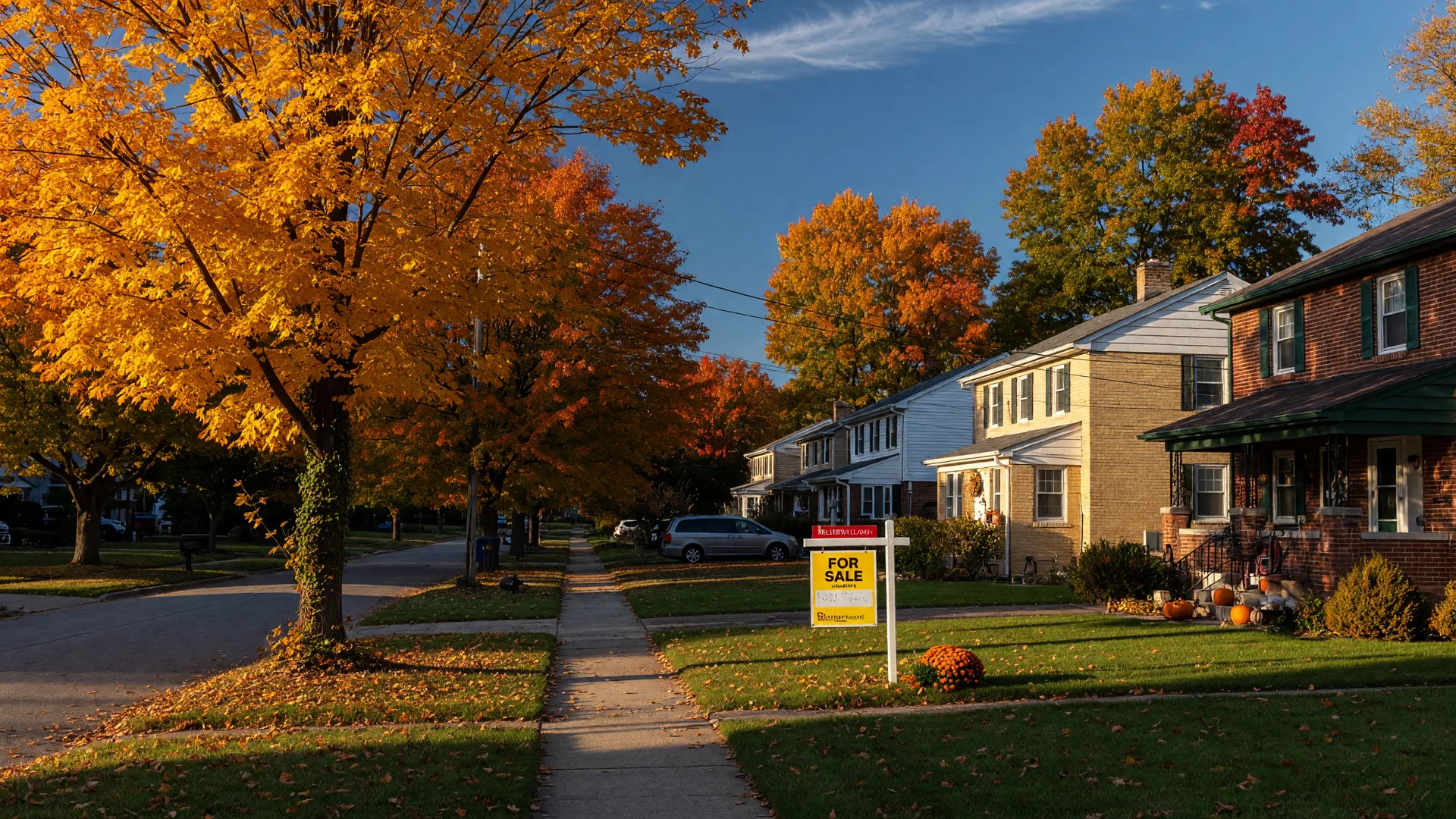 A tree-lined residential street in central Indiana on a crisp October morning, with a for-sale sign in a manicured front yard and mature maples showing full autumn color