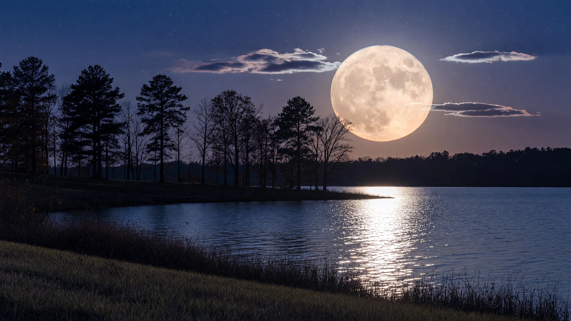 A large full moon rising over a calm lake at dusk, casting a silver path across the water with silhouetted shoreline trees