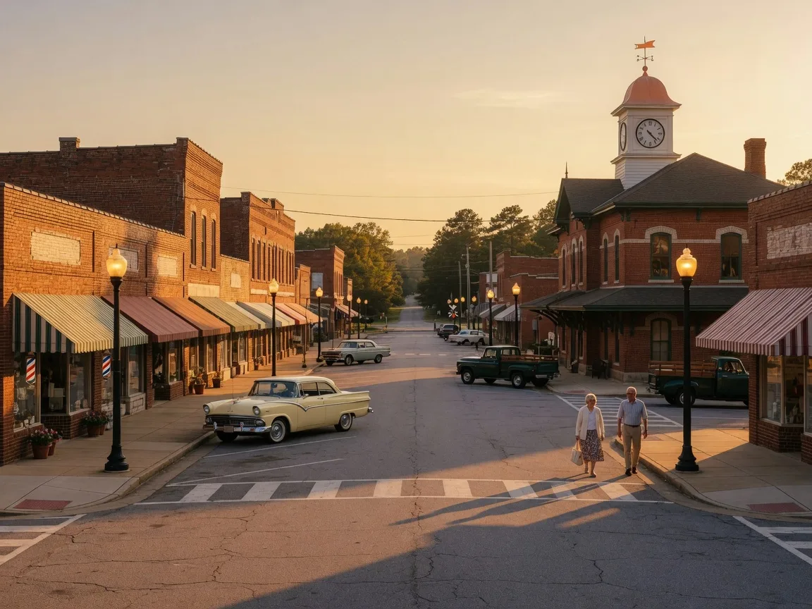A charming small-town main street in Northeast Georgia with brick storefronts and a quiet sidewalk