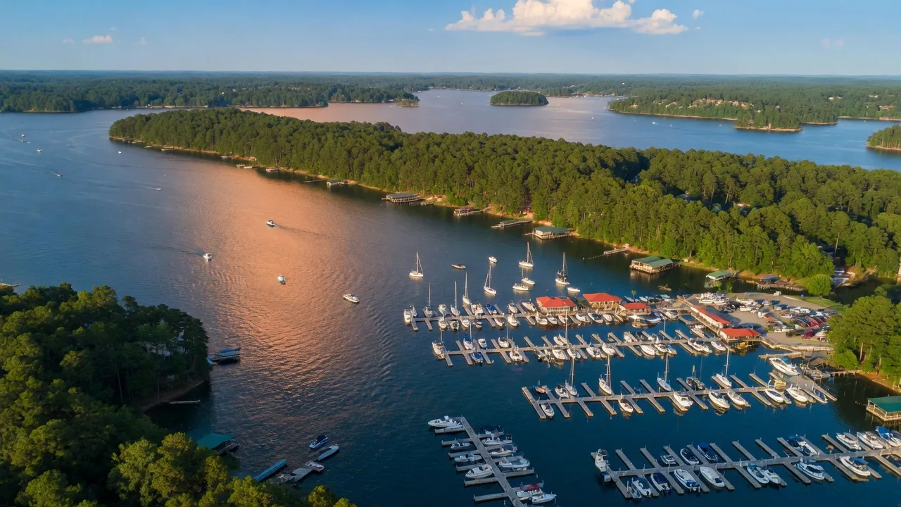 Aerial view of Lake Lanier in Georgia showing blue water, marina, and forested shoreline