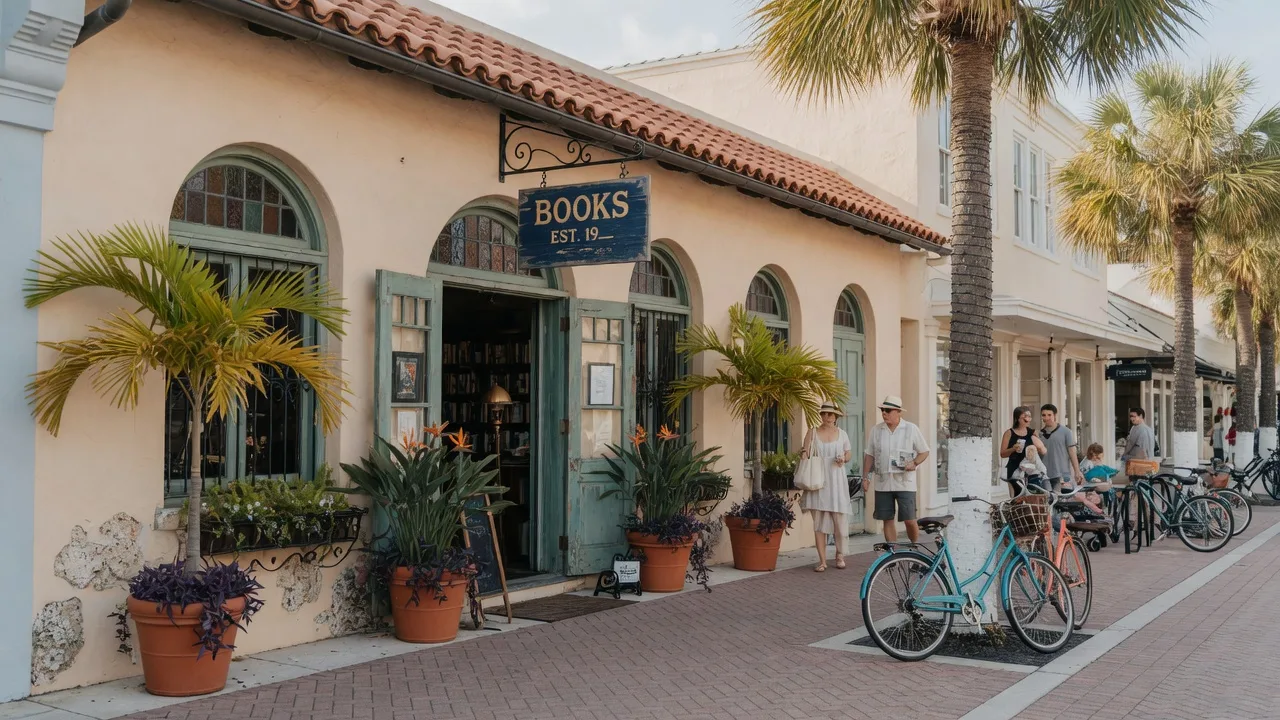Storefront of an independent bookstore in the historic Third Street South district of Naples, Florida