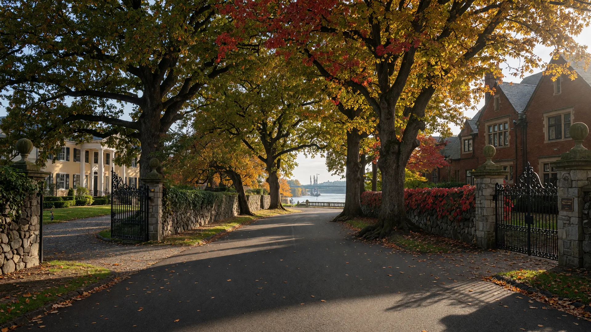 Private tree-lined lane in Dunthorpe with elegant estate homes and stone walls