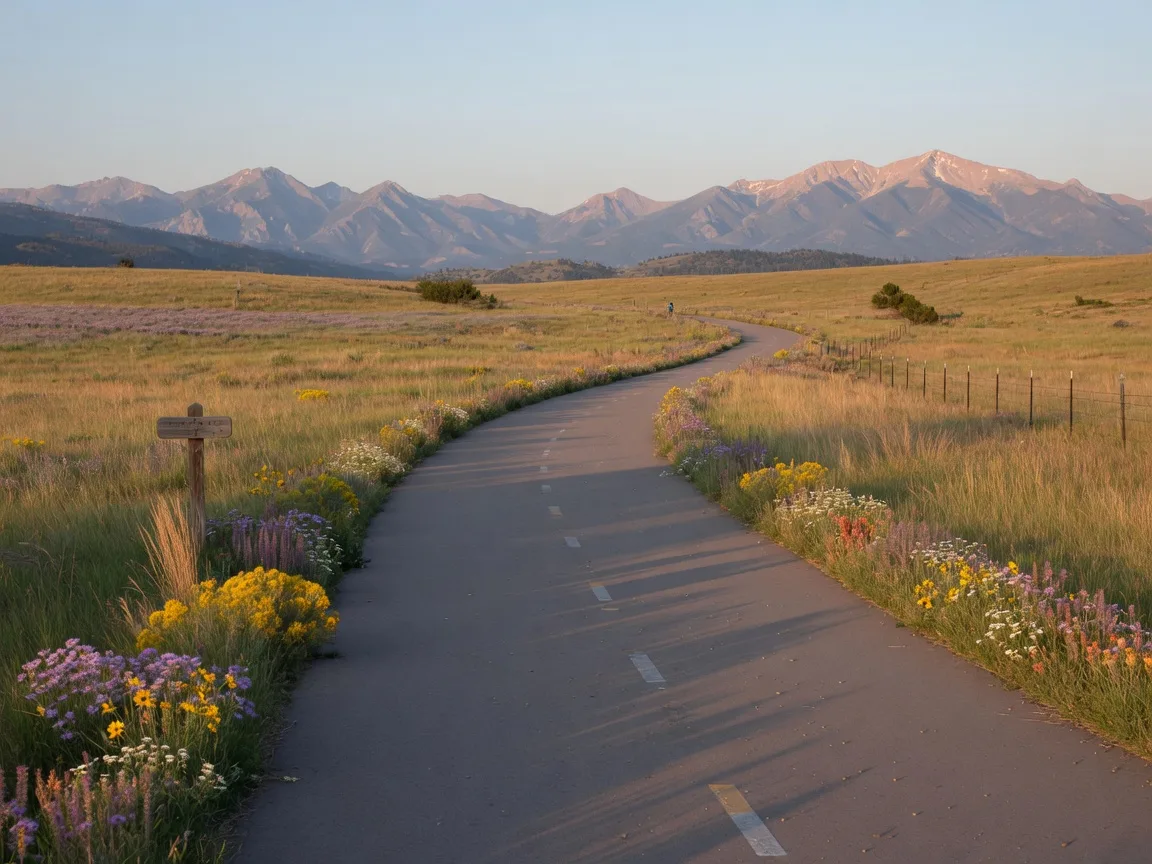 Multi-use trail in Broomfield through native Colorado prairie with mountain views