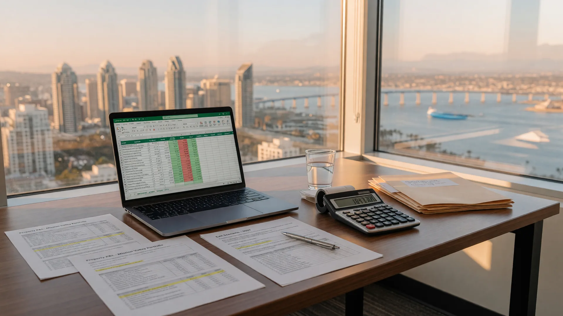 Investor exit-planning desk with financial spreadsheets and a San Diego skyline through the window