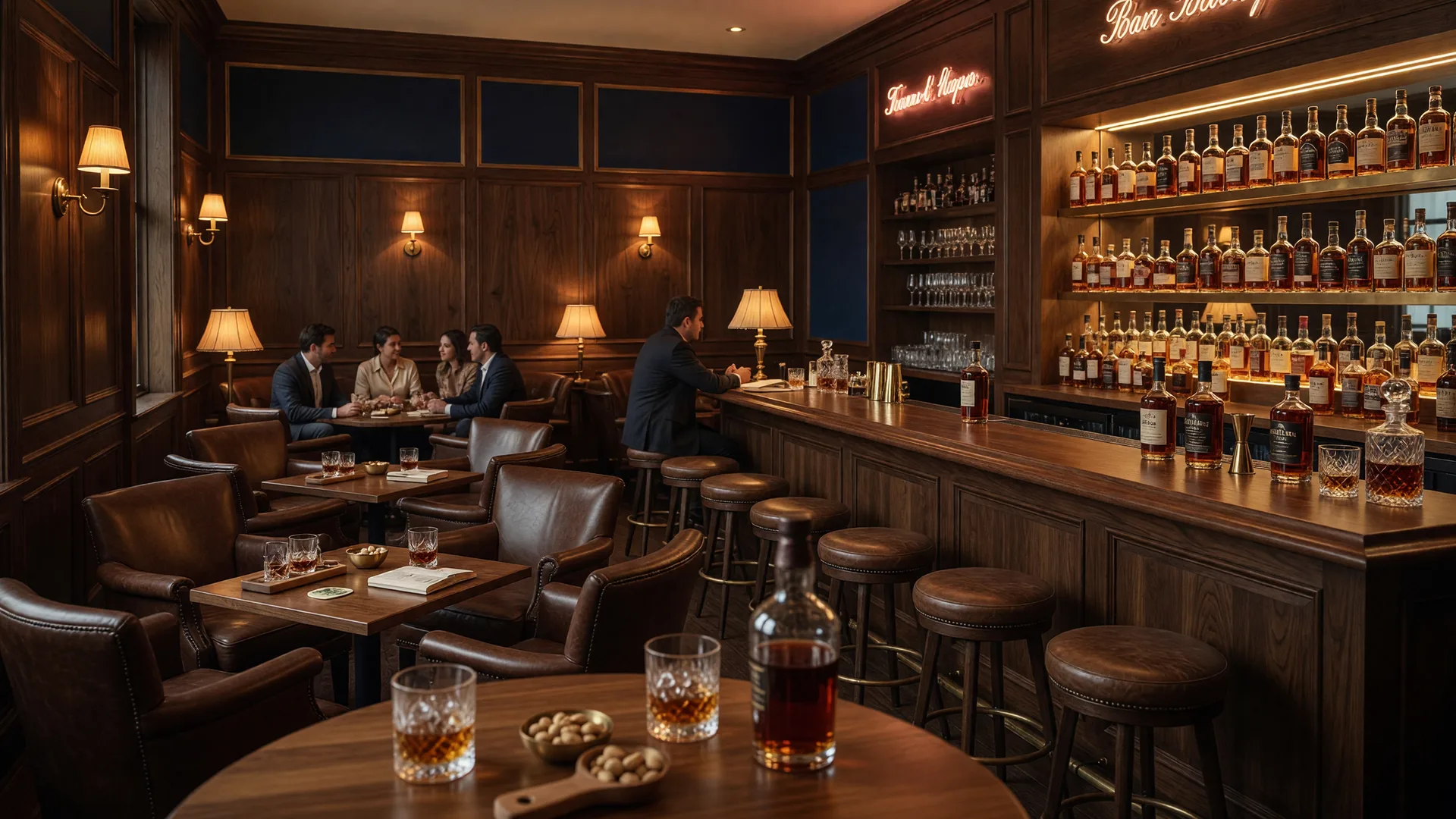 Louis' House of Bourbon at Chateau Elan in Braselton Georgia, an intimate bourbon bar and gastropub with rich dark wood, low amber lighting, and glowing backlit shelves of whiskey bottles