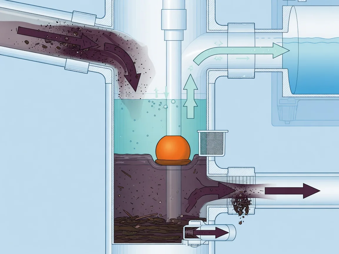 Educational cross-section of a first-flush diverter showing a vertical PVC standpipe with a slow-release valve, diverting contaminated roof runoff away from the storage tank.