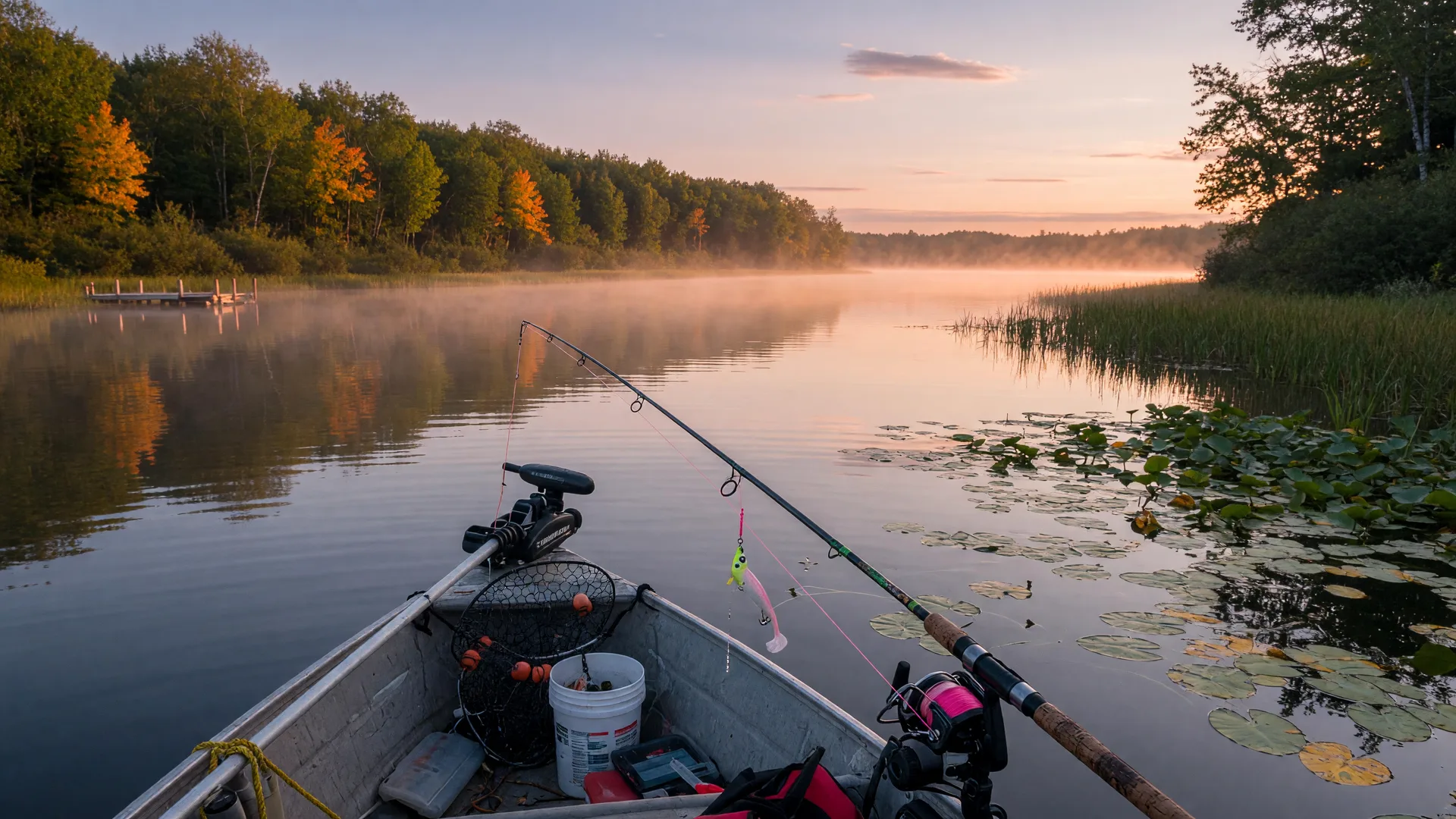 A fishing boat rigged and ready on a calm northern Minnesota lake at early autumn sunrise, a rod in the rod holder with a minnow-style jig, and the hardwood shoreline just starting to show fall color