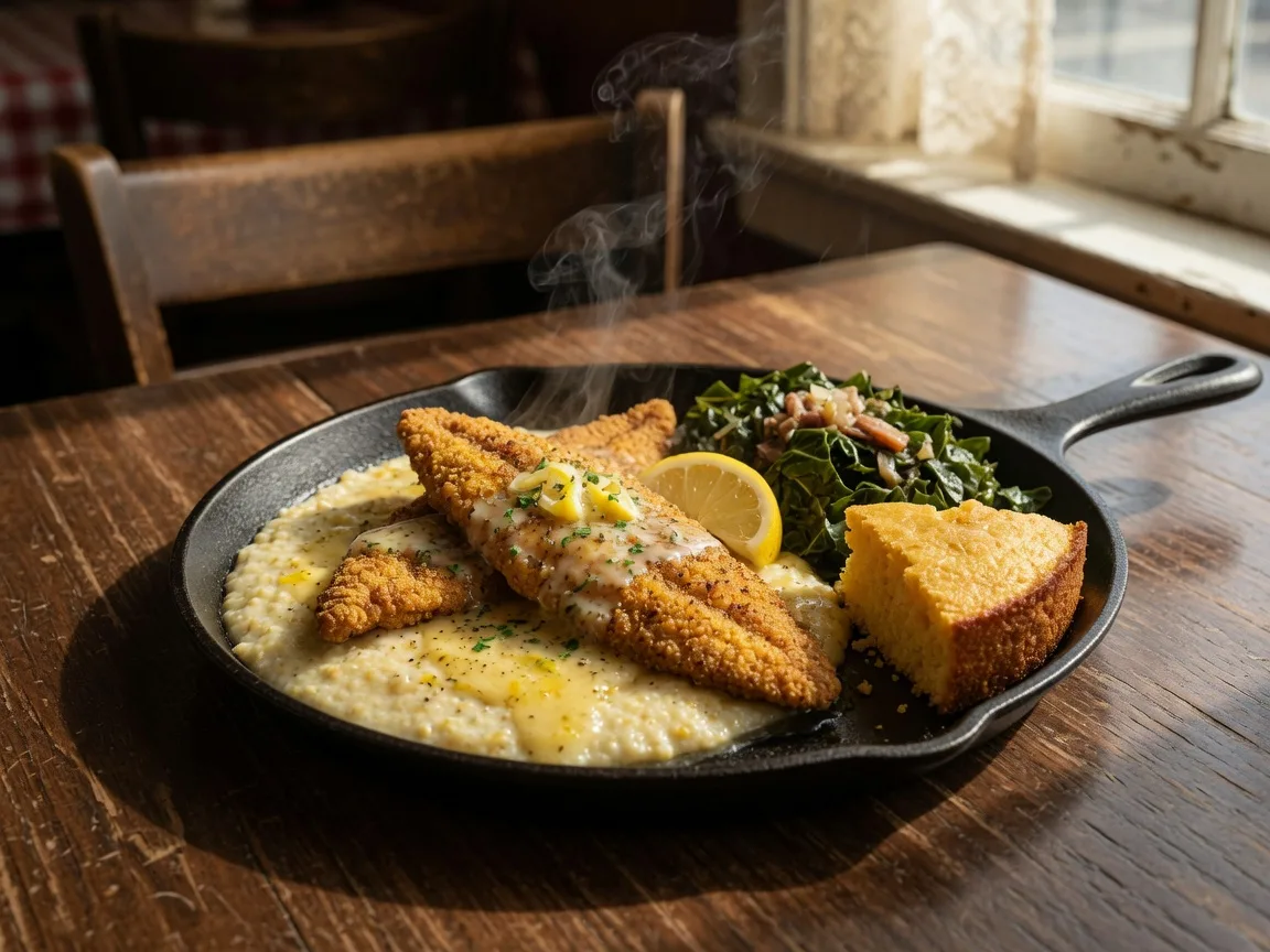 Golden cornmeal-crusted fried catfish over creamy grits with collard greens and a wedge of cornbread at Cuzinz The Southern Soul Bistro in Buford Georgia