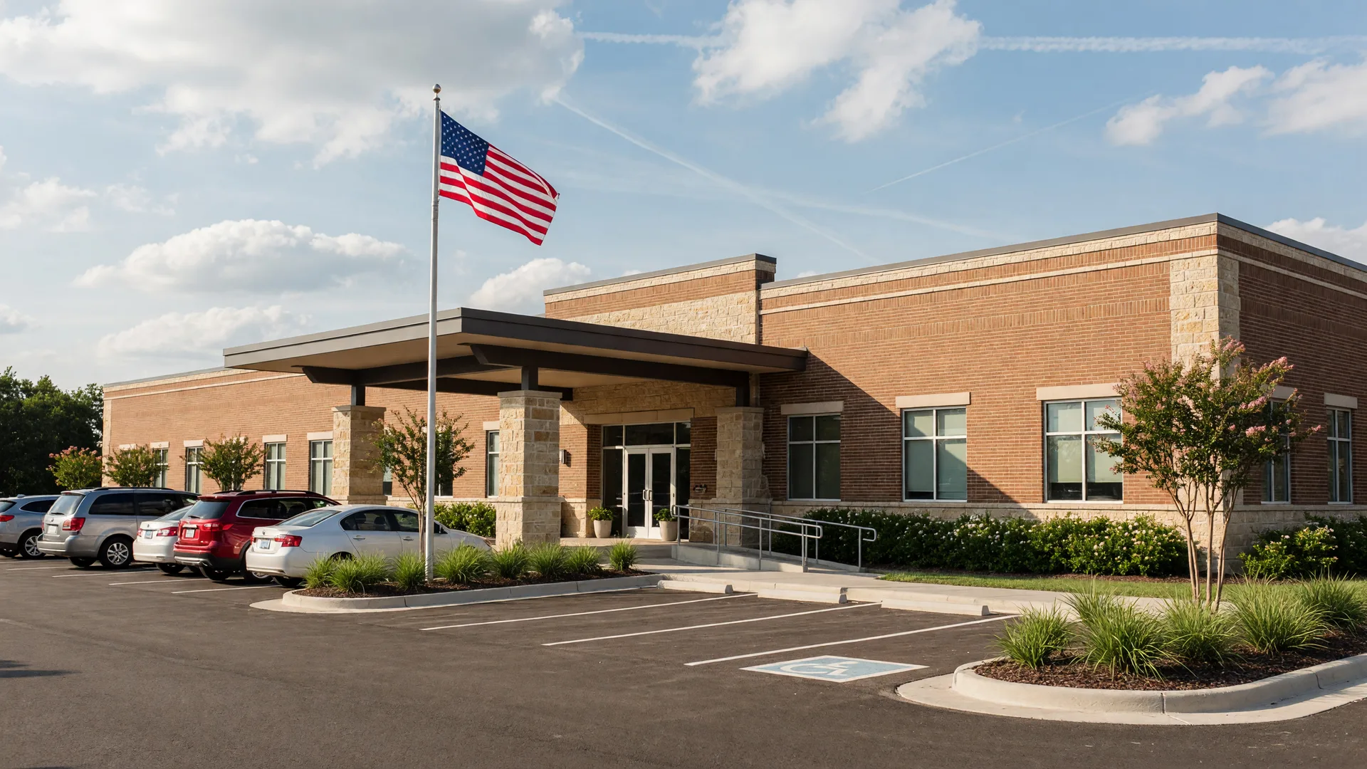 A modern pediatric medical office building with a covered entry canopy ona sunny morning in Paris, Texas