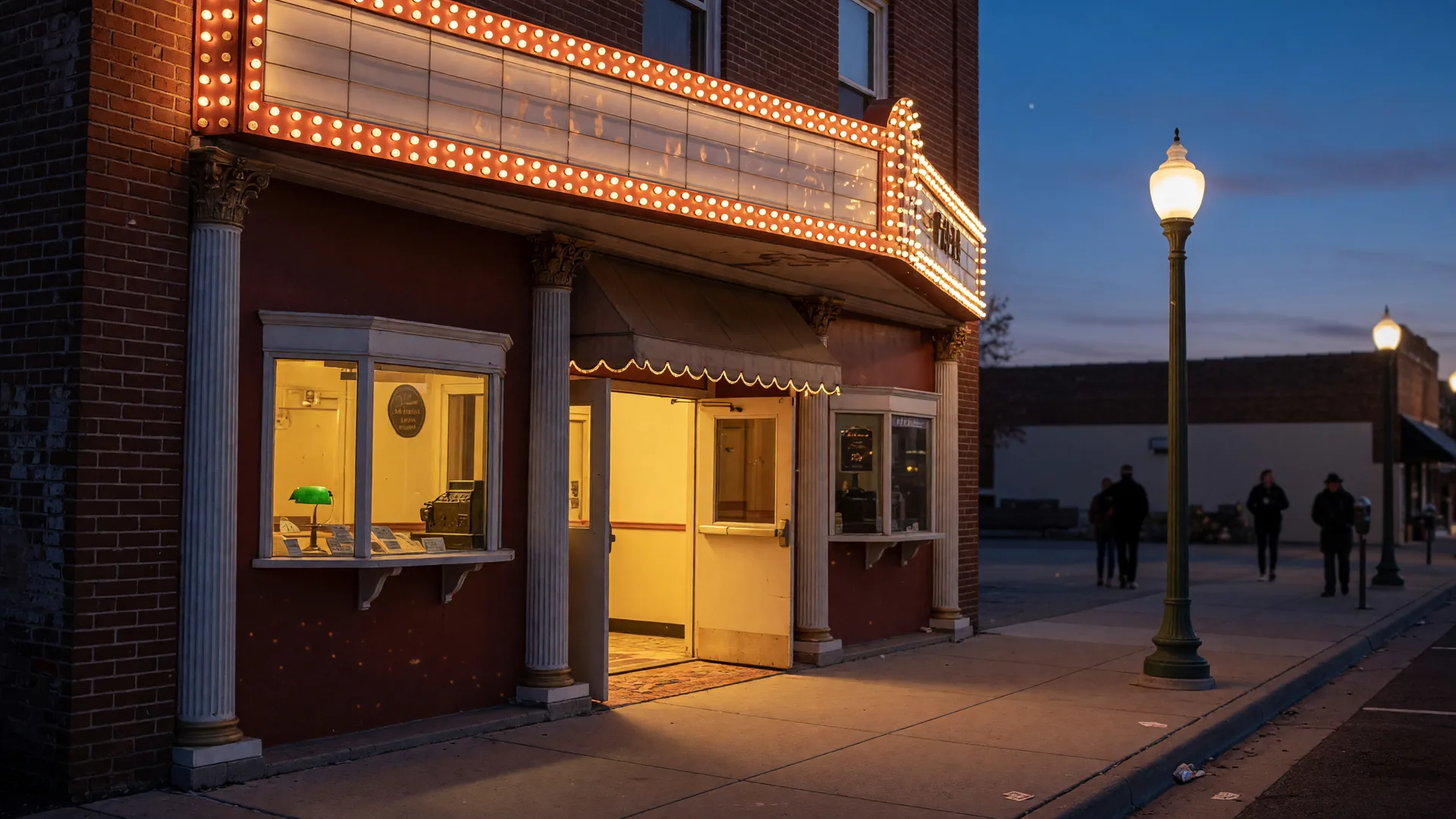 A restored historic small-town theatre at dusk with a glowing marquee, lit ticket window, and warm light spilling from open lobby doors onto a downtown sidewalk