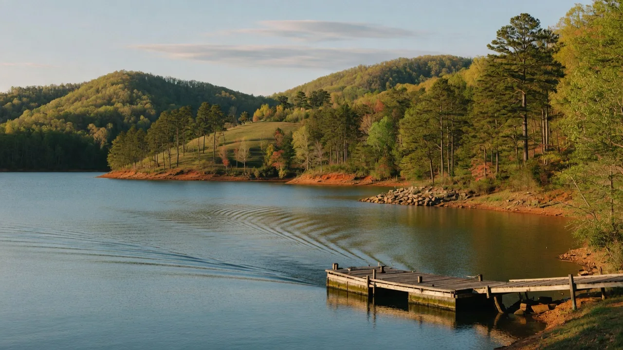 Inland lake shoreline with pine forests in the north Georgia foothills