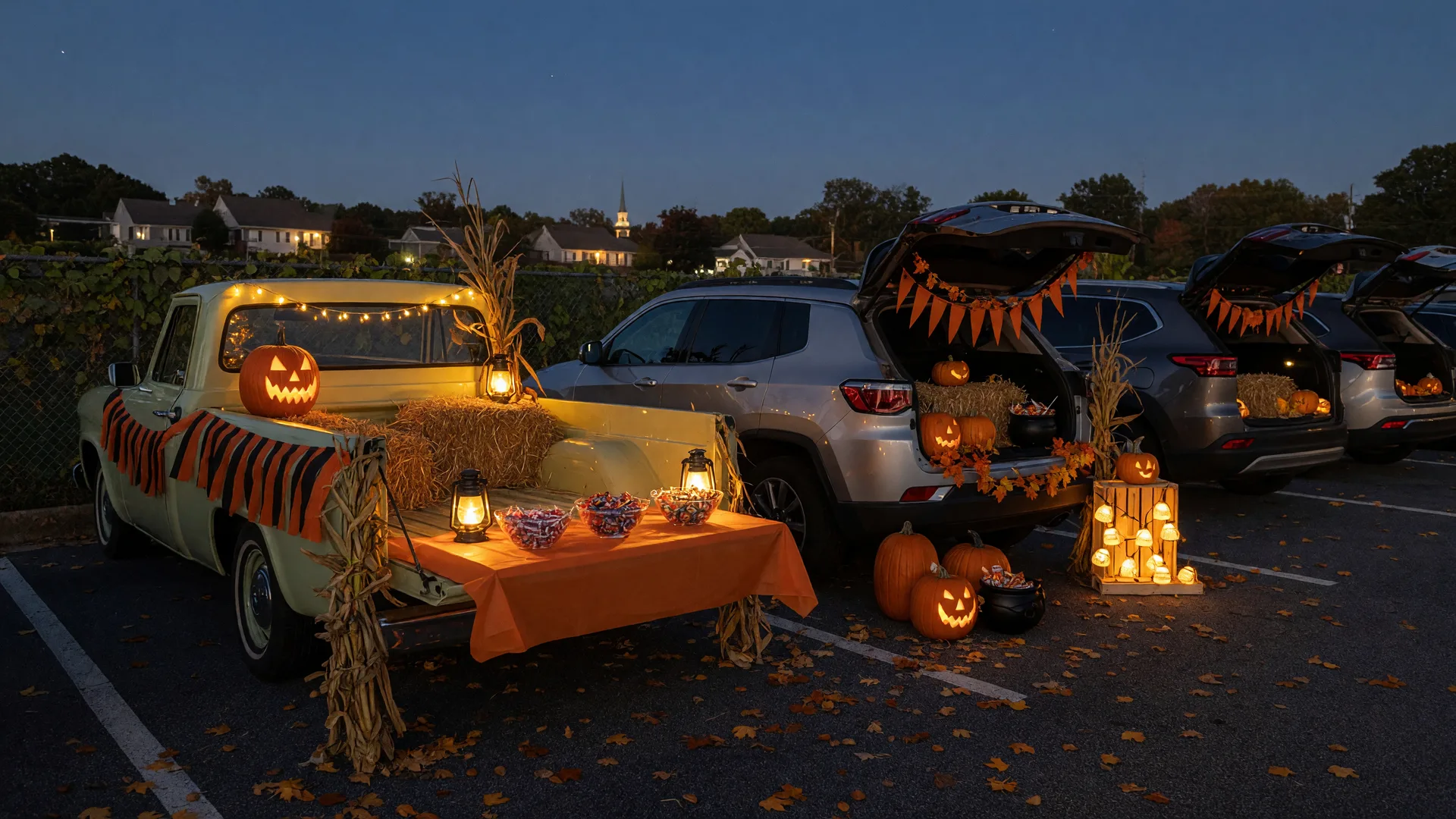 A family-friendly trunk-or-treat setup in a Metro Atlanta parking lot at twilight, with decorated car trunks, carved pumpkins, hay bales, and glowing string lights