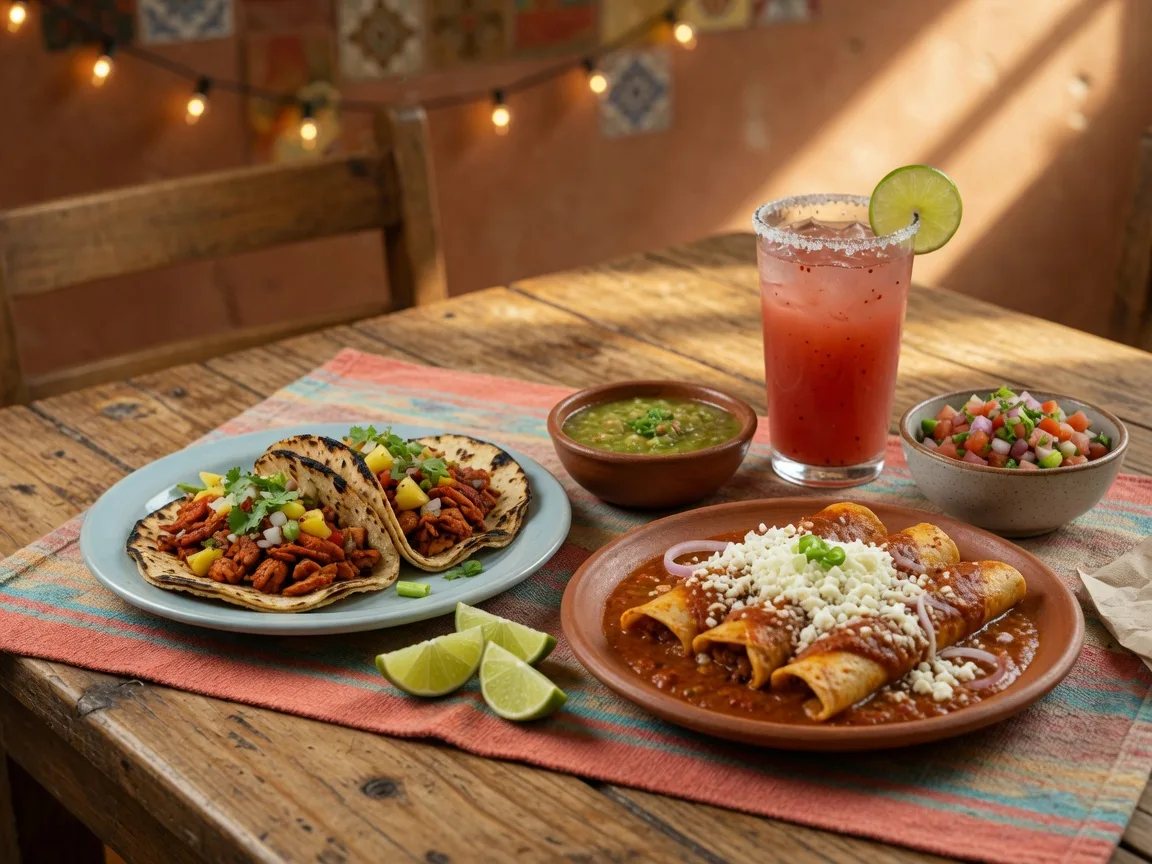 Tacos and enchiladas with salsa and lime on ceramic plates at a Mexican restaurant table