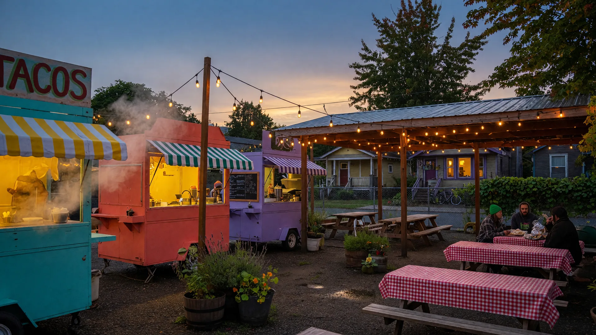 Colorful food carts with striped awnings gathered around communal picnic tables at a Portland food cart pod in the evening