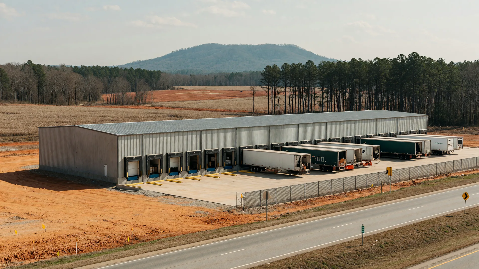 A large grey distribution warehouse beside a two-lane Georgia highway with farmland behind