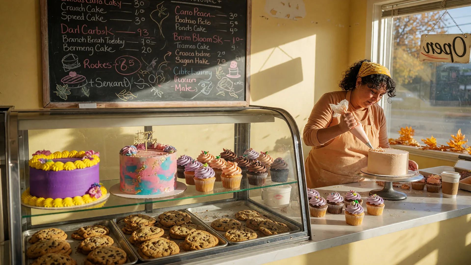 The display case at Mix Bakery on West 16th Street in Merced, filled with custom layer cakes, frosted cupcakes, and trays of fresh-baked cookies in warm morning light