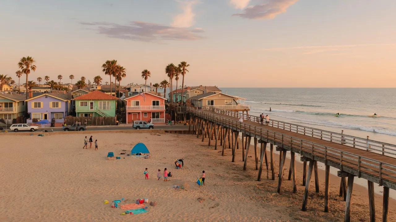 The Imperial Beach Pier stretching over the Pacific Ocean at golden hour with beach homes and palm trees in the background