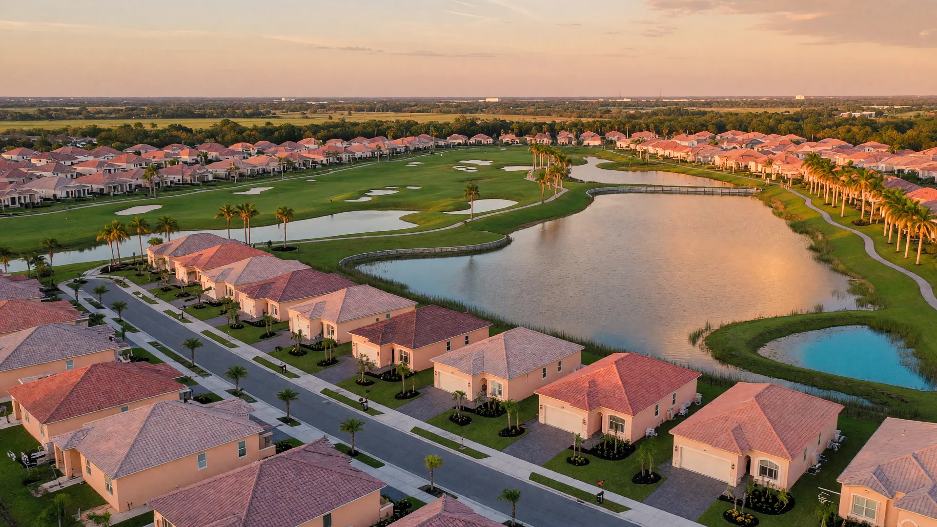 A golden-hour aerial-style view of Davenport, Florida: new tile-roofed homes along curving streets beside a lake, golf fairways, palm trees, and retention ponds stretching to the Polk County horizon.