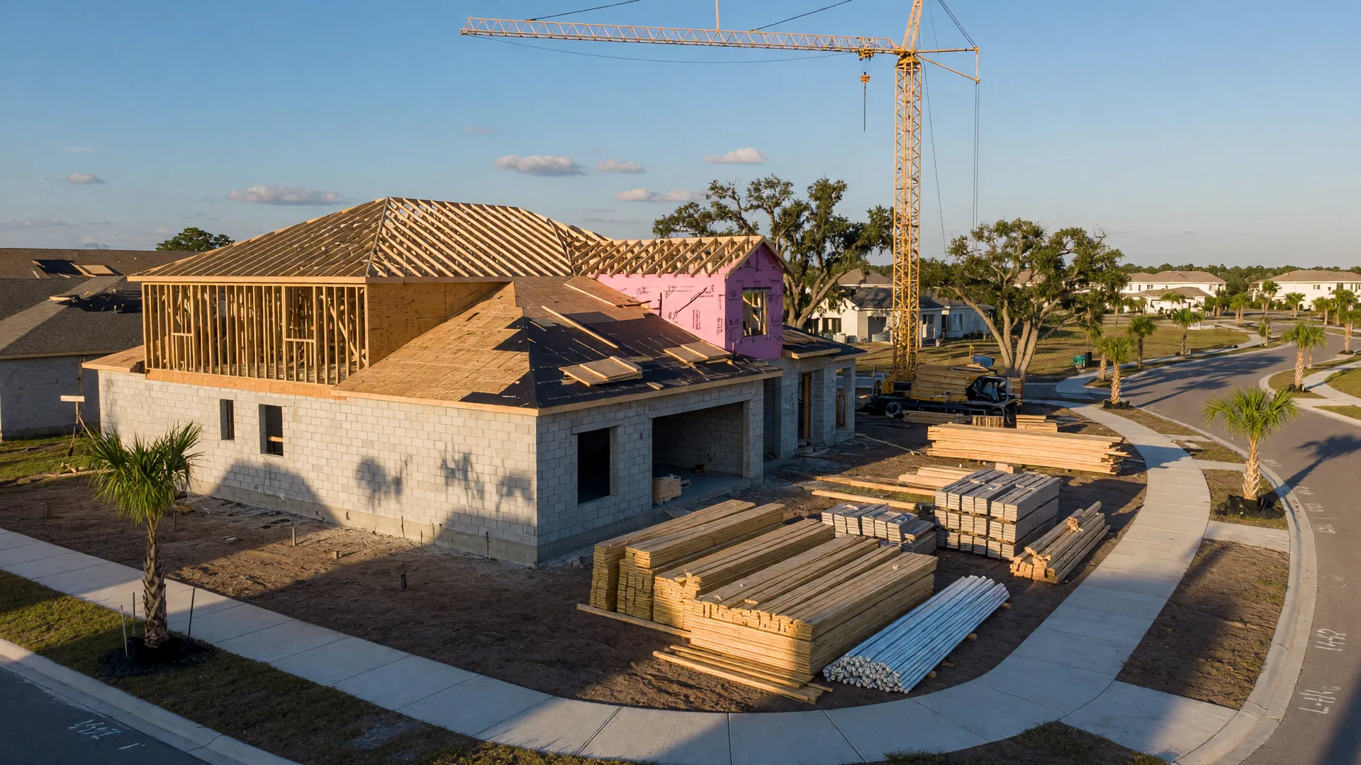 A single-family new-construction home in Central Florida mid-build, with concrete block walls, lumber framing, and roof sheathing under a clear blue sky.