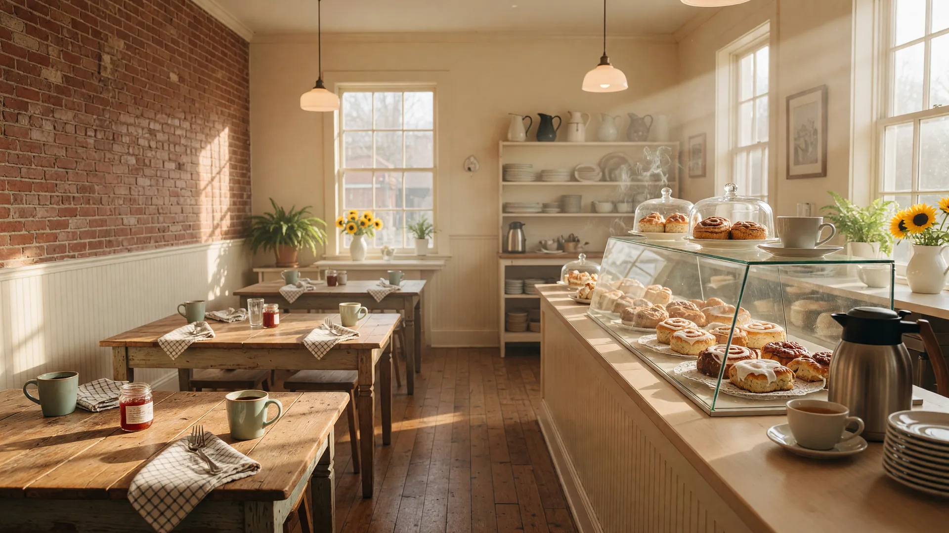 The bright farmhouse dining room of Oy! at Hamilton Mill in Buford Georgia, with reclaimed wood tables, warm morning light, and a coffee counter