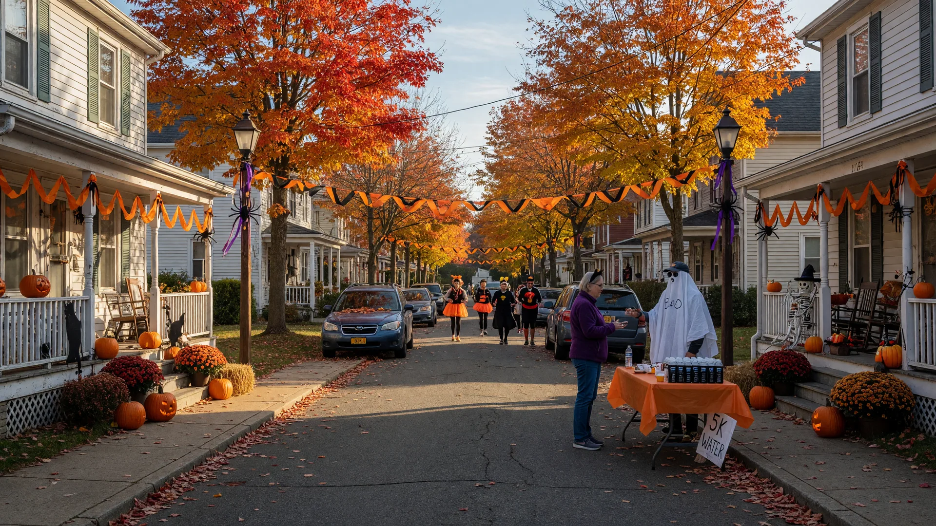 A tree-lined Bloomfield street on a late-October race morning with carved pumpkins on porches, orange and black bunting on the lamp posts, and costumed runners warming up in the distance