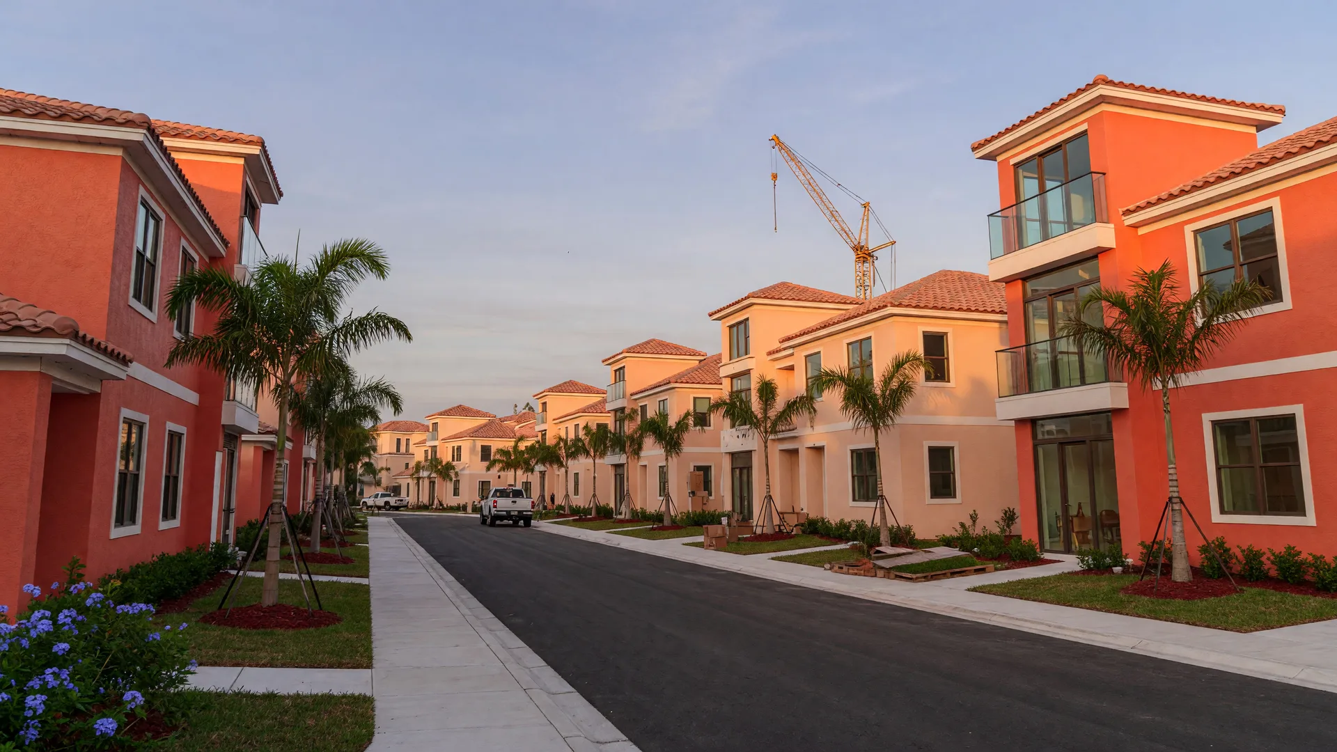 Brand-new modern South Florida home community at golden hour