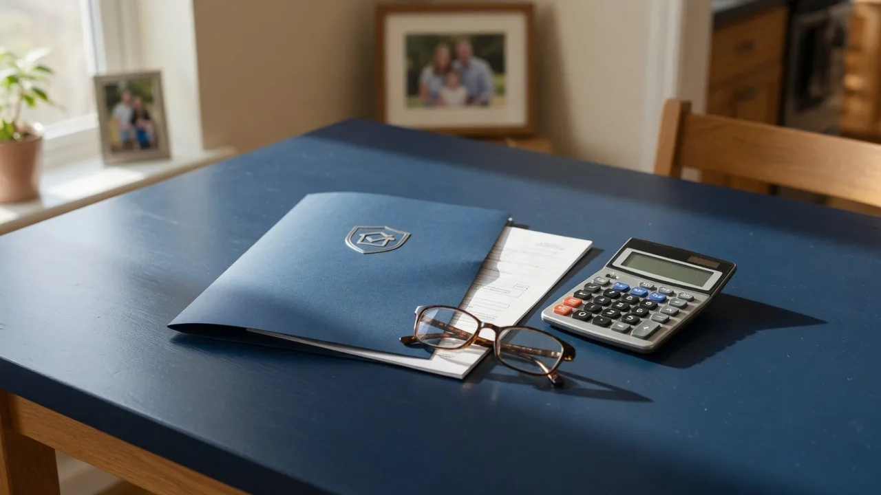 A navy folder with mortgage documents and a calculator on a dark desk, reading glasses beside them