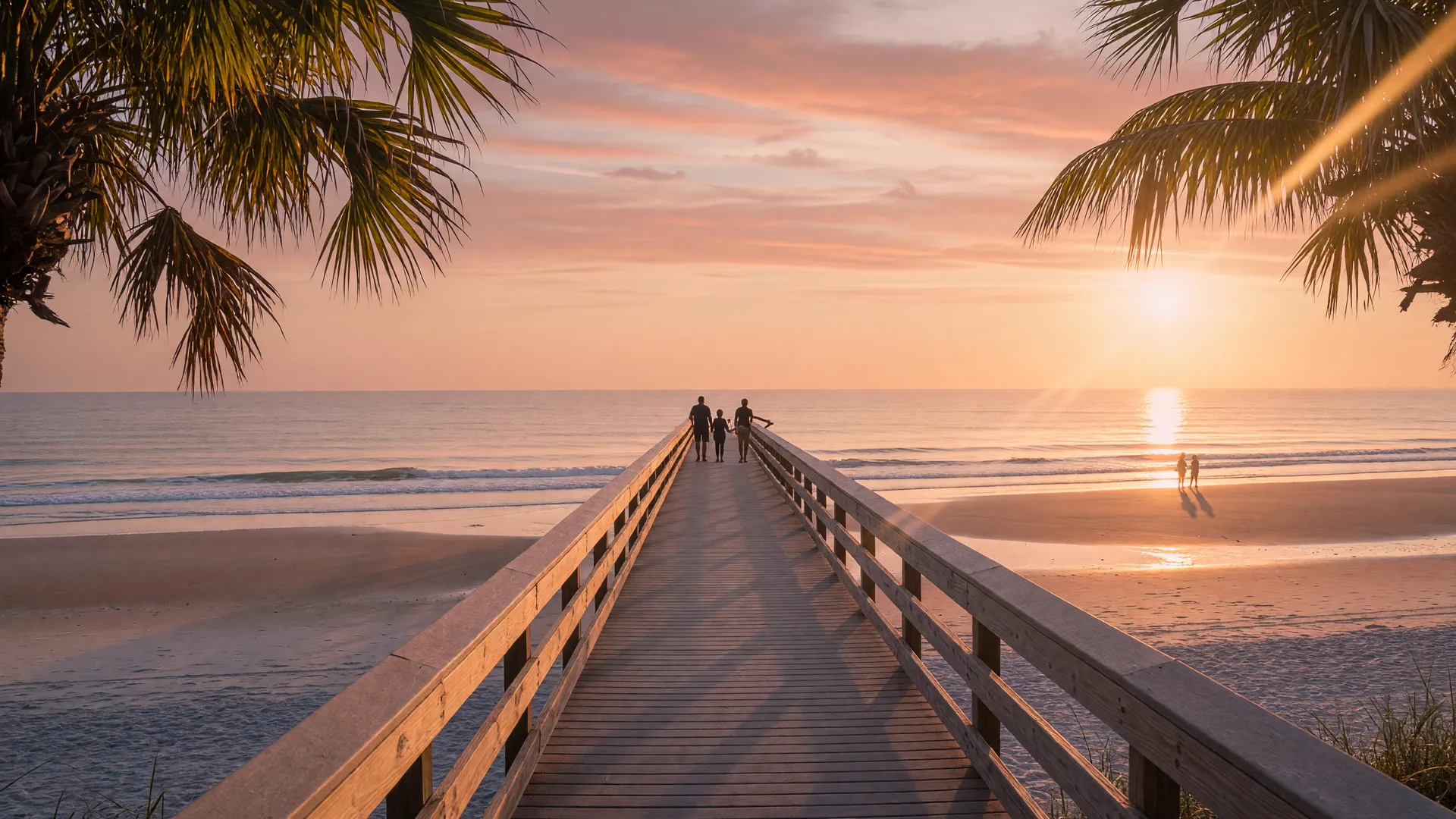 A Gulf Coast boardwalk leading toward the water at sunrise with soft golden light, gentle waves,and palm fronds framing the scene,evoking new beginnings,and connection
