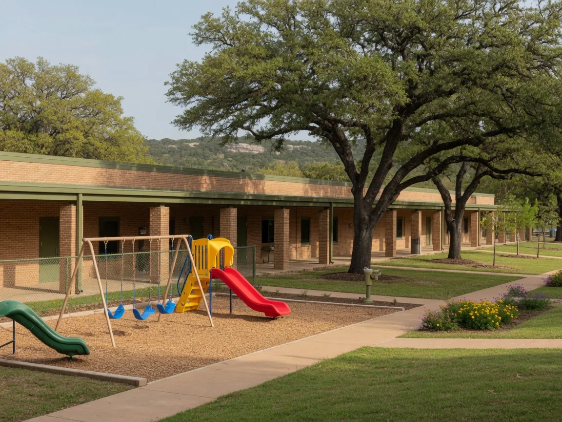 A Texas Hill Country public elementary school campus with a modern brick building, covered walkway, playground, and live oak trees on a sunny morning