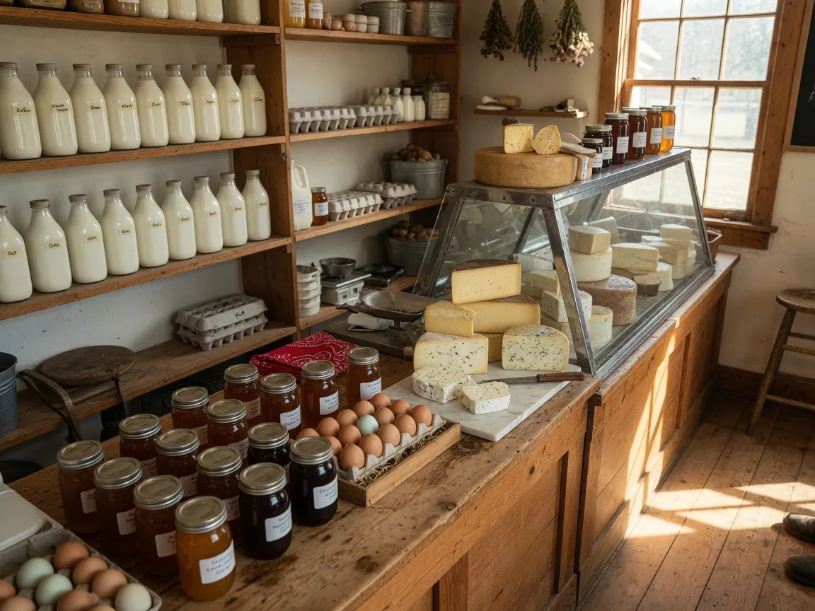 Inside a small Pennsylvania farm dairy store with wooden shelves of glass milk bottles, artisan cheese in a display case, jars of honey and jam, and fresh eggs