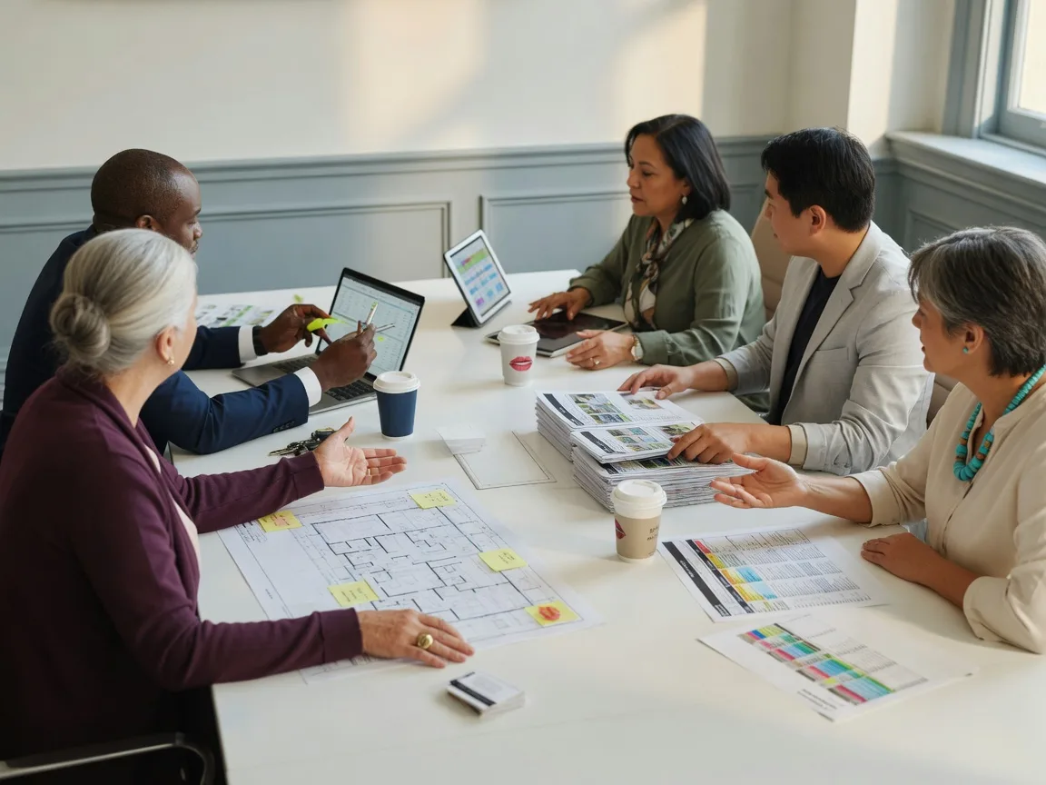 A team of San Diego senior transition professionals collaborating around a bright conference table