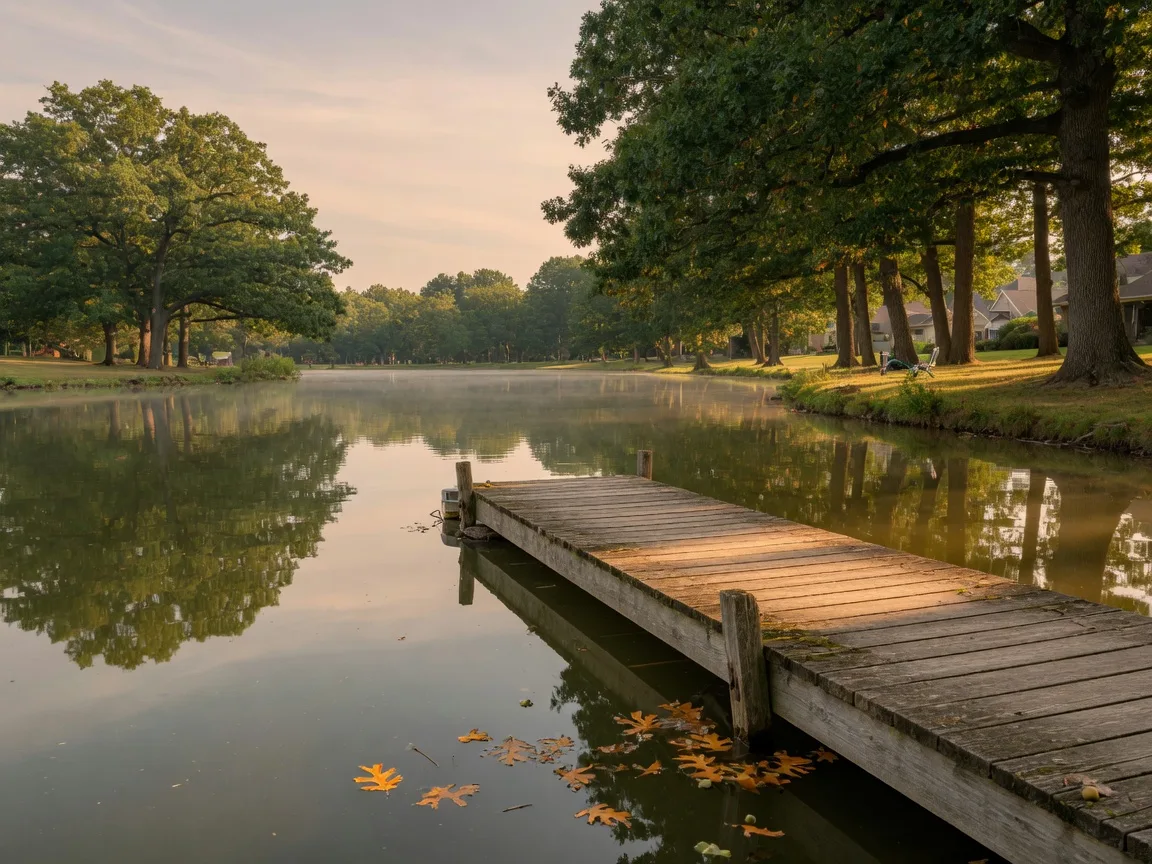 A calm Michigan lake ringed by oak trees in late summer