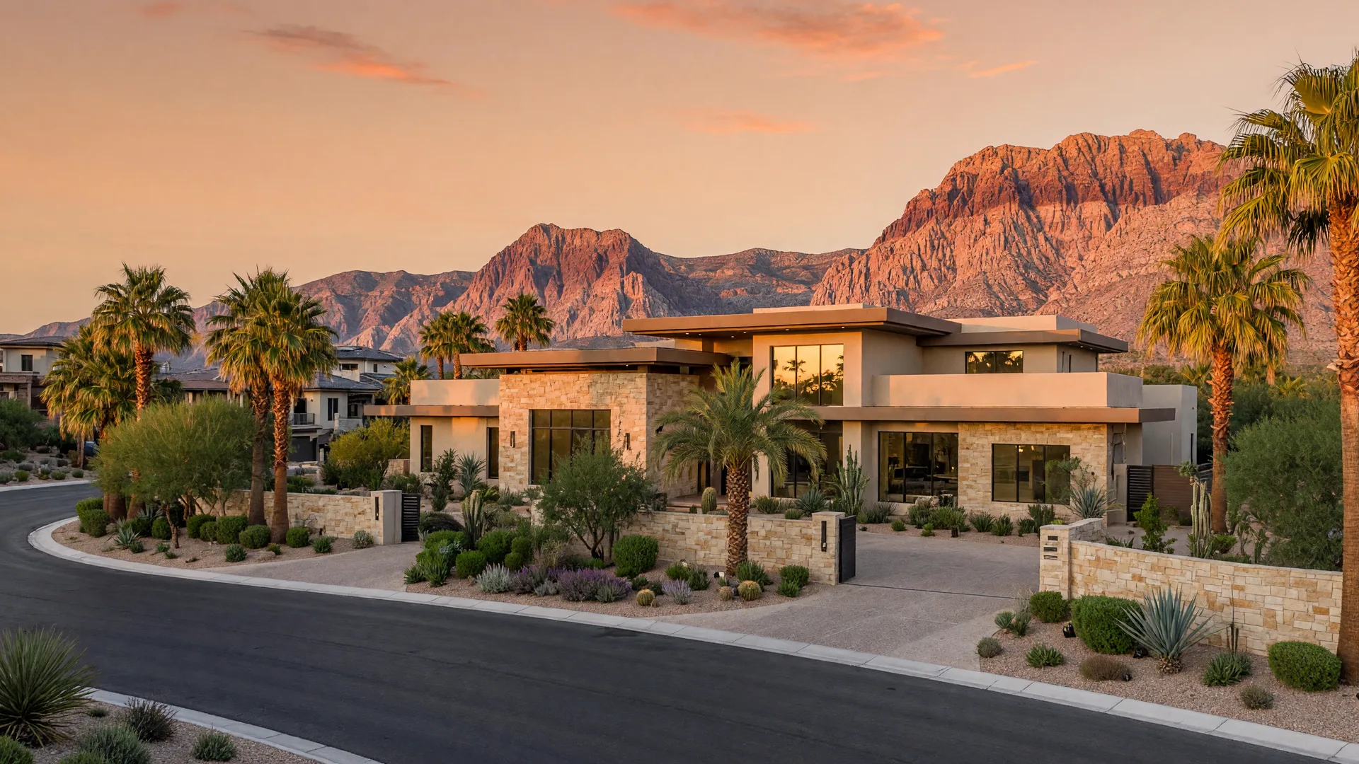 Luxury modern estate home in Summerlin at golden hour with the Red Rock Canyon escarpment rising behind it