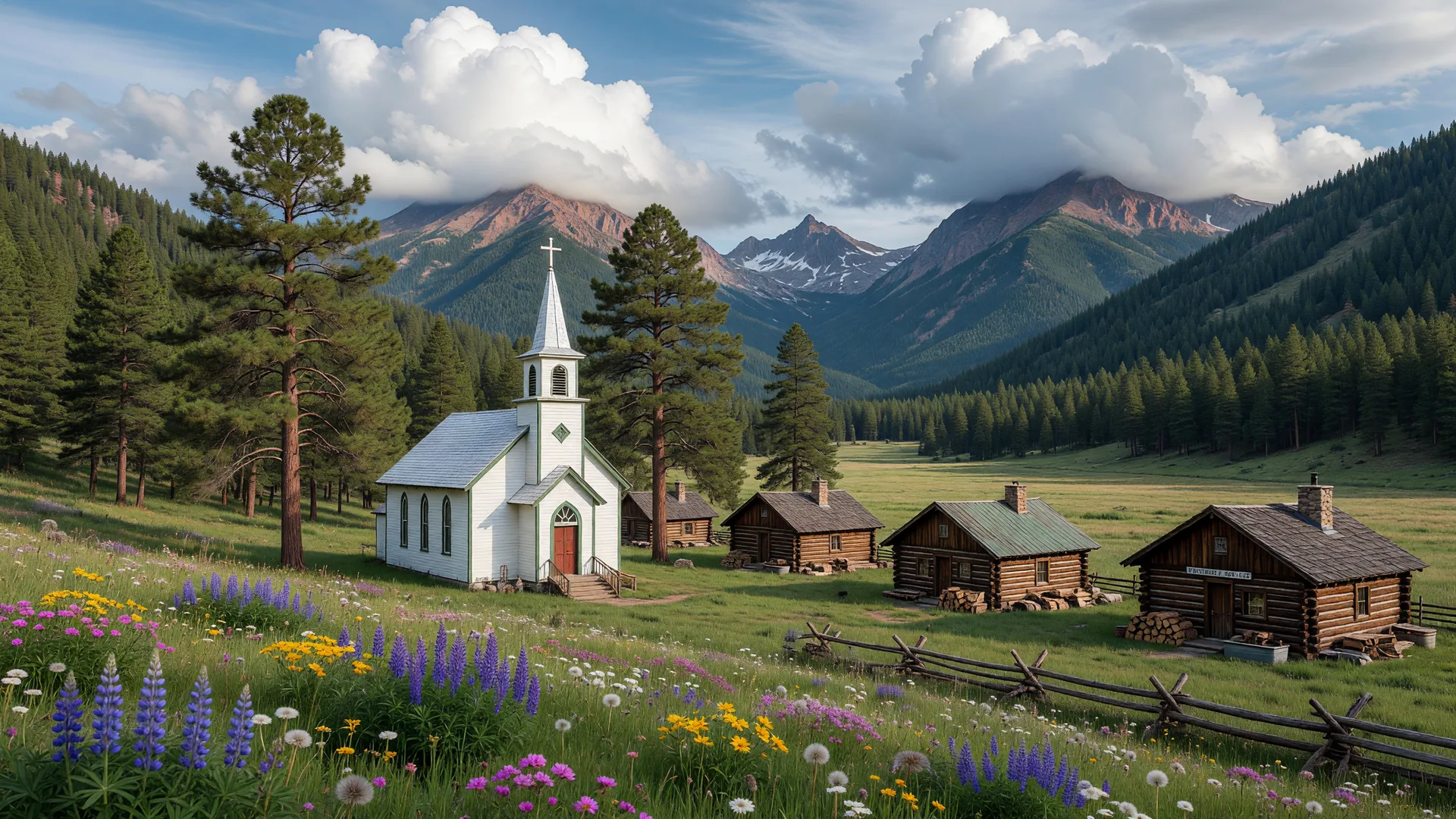 AI-rendered concept image of Pine Valley's mountain meadow, white steeple chapel, and log cabins among tall pine trees