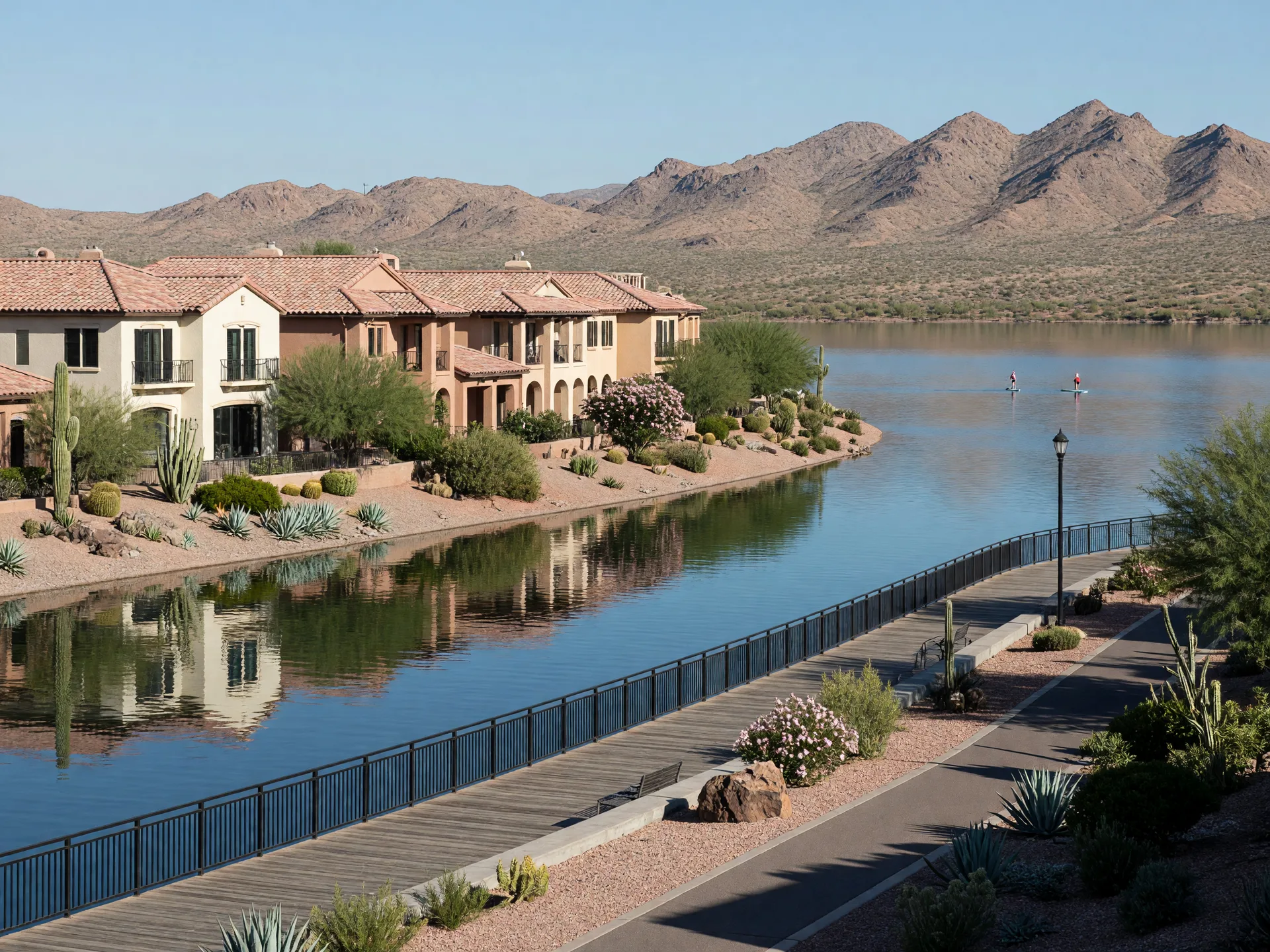Waterfront homes and a boardwalk along the calm man-made lake at Lake Las Vegas with desert mountains in the background