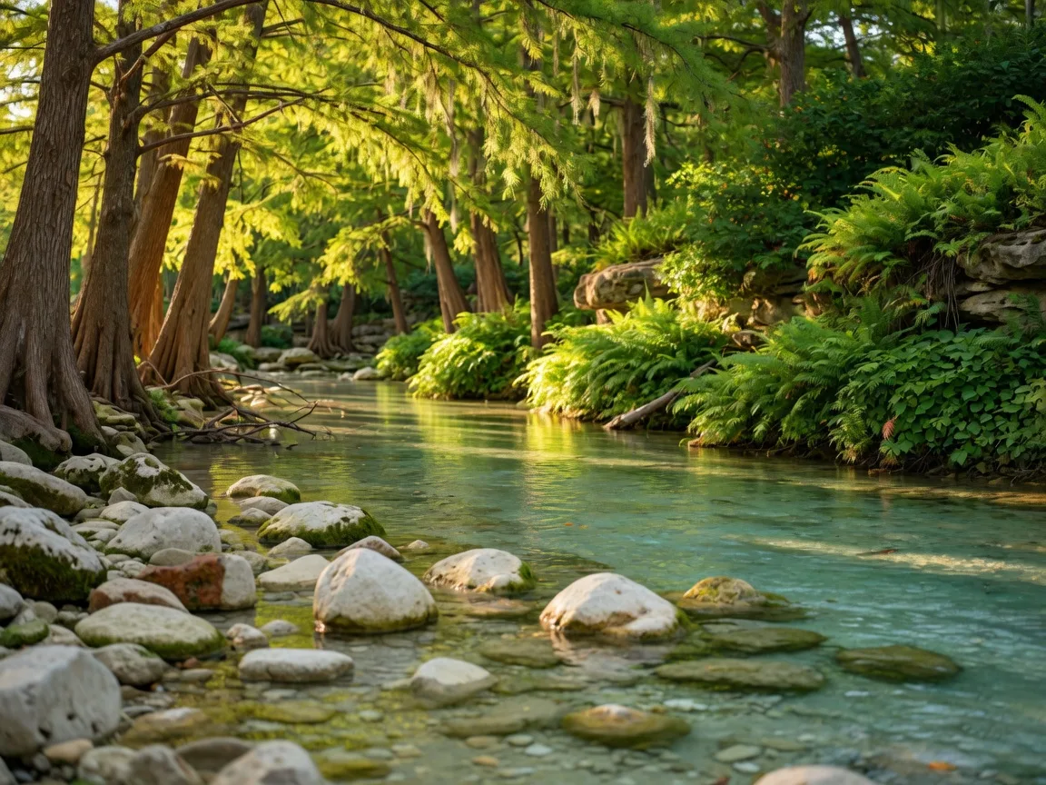 A clear, cypress-lined Hill Country creek flowing gently over limestone in warm afternoon light near Wimberley, Texas