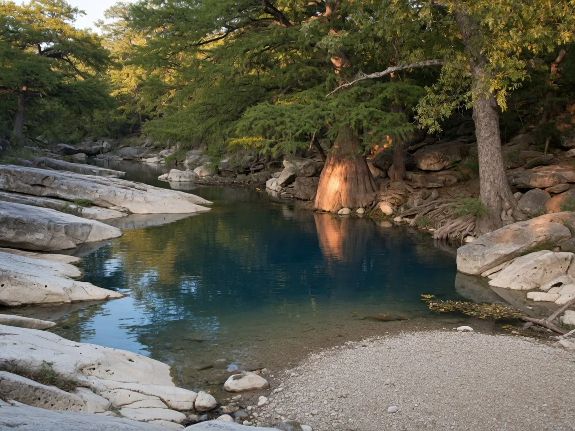 Calm swimming pool downstream from Pedernales Falls surrounded by limestone rocks and shaded by trees