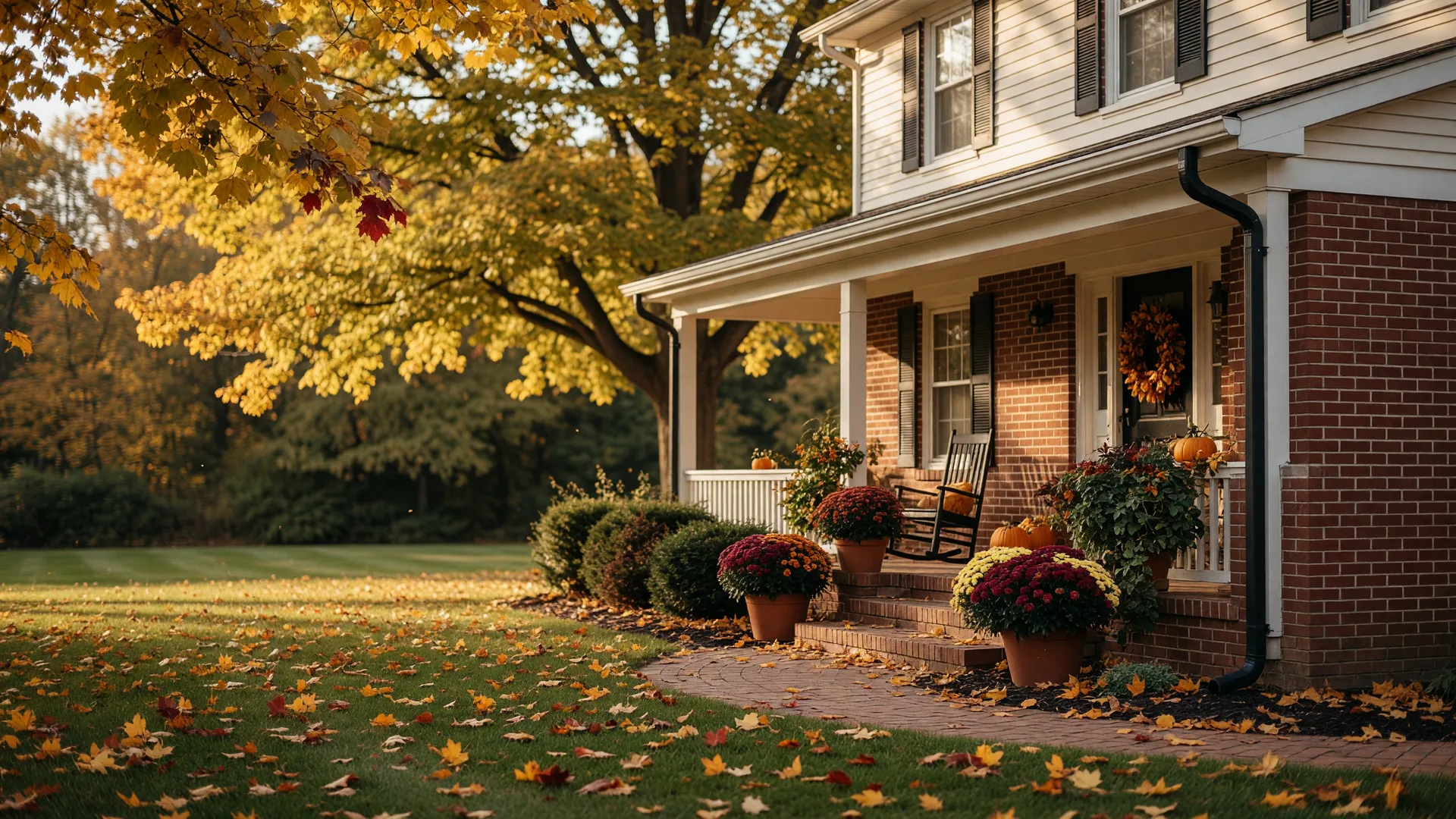Well-maintained luxury home in Georgia with autumn leaves on the lawn and seasonal flowers on the front porch
