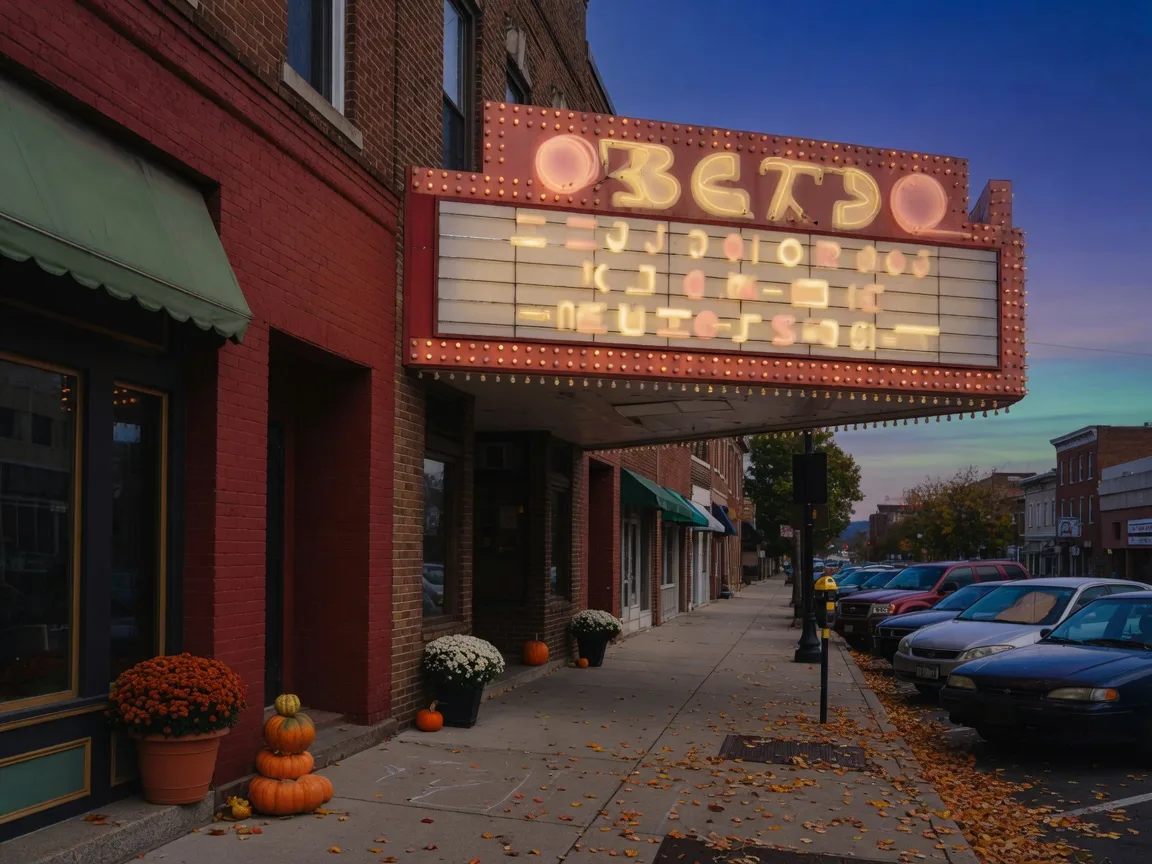 A historic theater marquee glowing over a small-town main street lined with brick storefronts, potted mums, and pumpkins at dusk