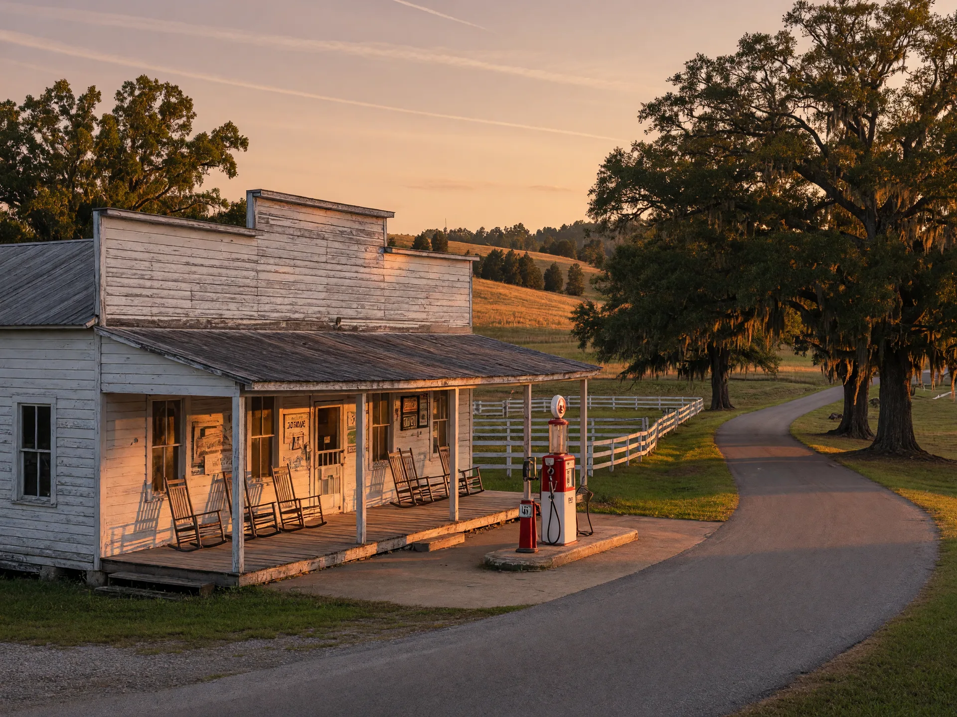 The historic storefronts and country road of Leiper's Fork village at golden hour