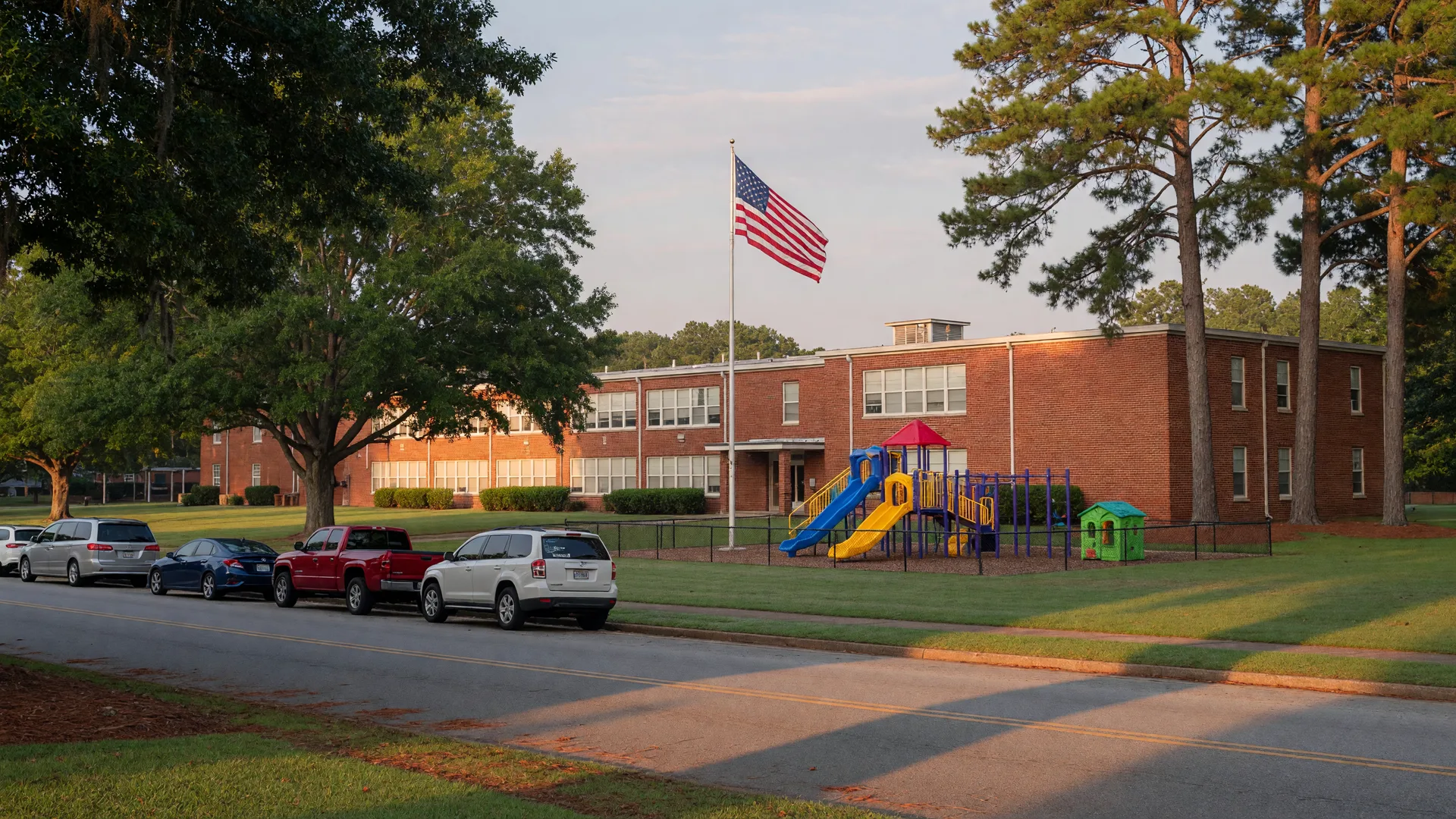 Brick elementary school campus with a playground and flagpole surrounded by green lawns and Georgia pines