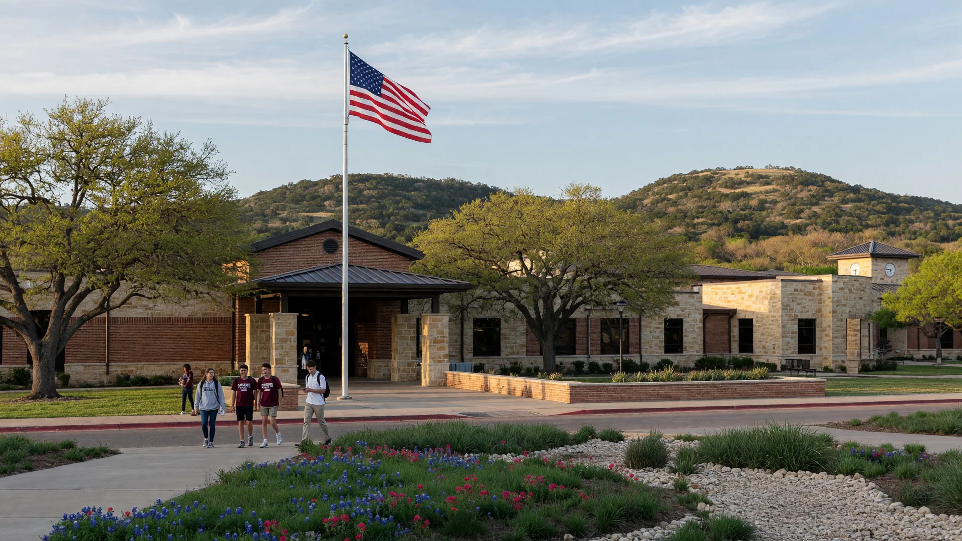 Boerne High School campus in the Texas Hill Country with limestone facade, live oak trees, and students walking on a sunny spring morning
