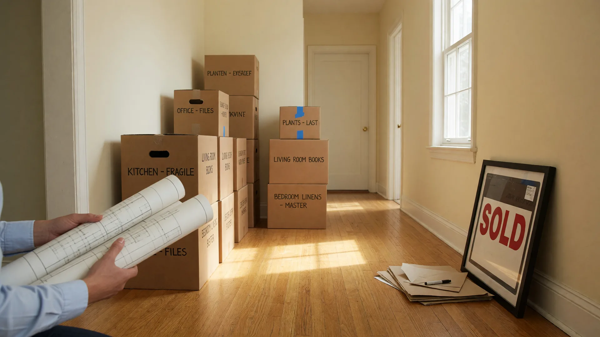 Organized downsizing preparation with a SOLD sign