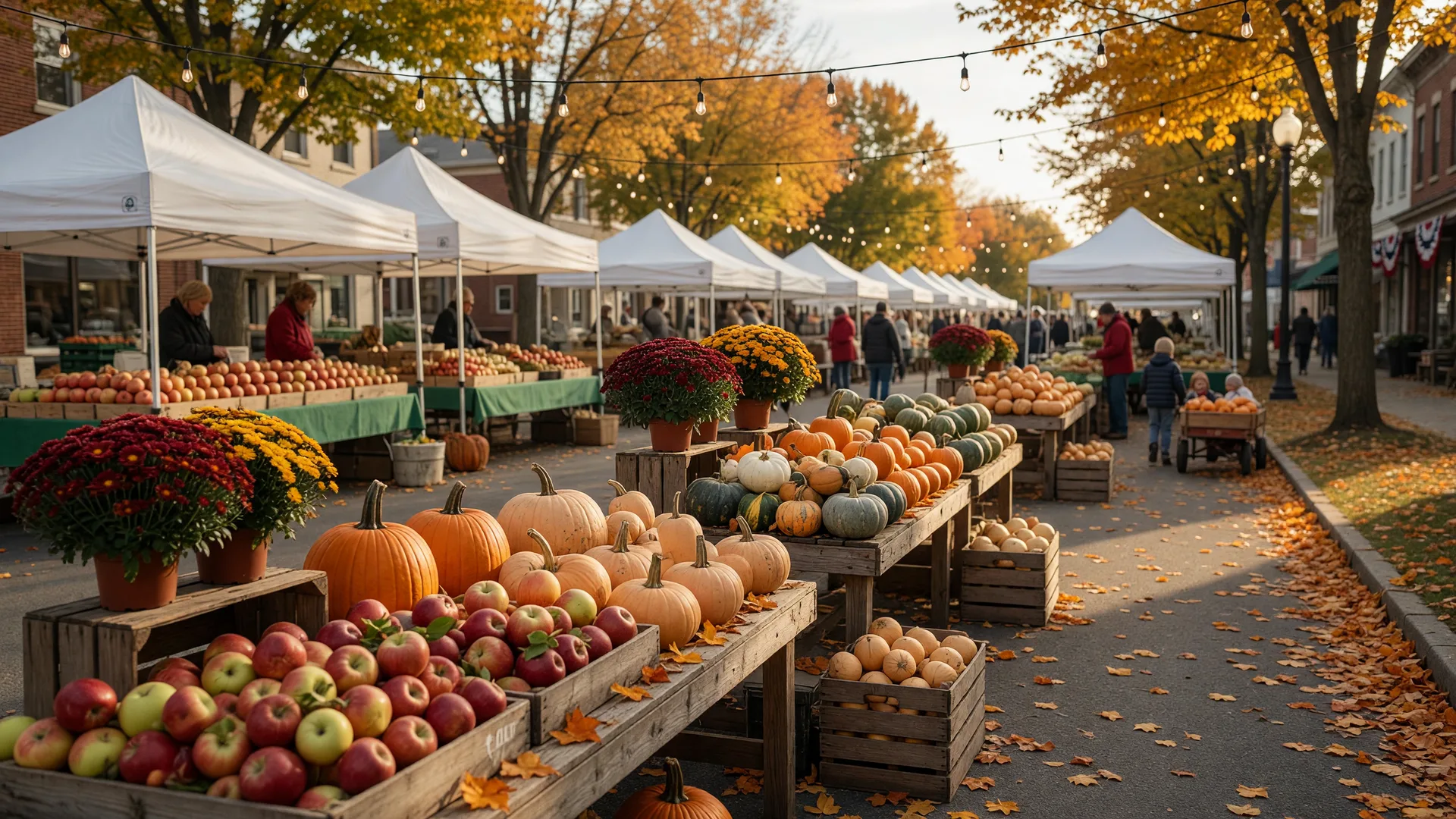 Autumn farmers market in a small Pennsylvania town with white tents and wooden stands of apples, pumpkins, squash, and mums along a tree-lined street