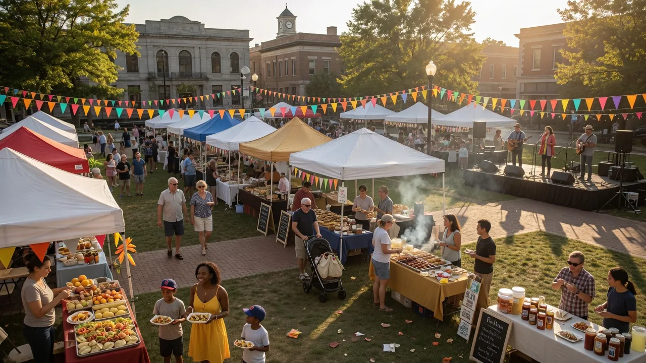 A vibrant outdoor food festival at a historic town square with market stalls, vendor tents, and families enjoying summer food