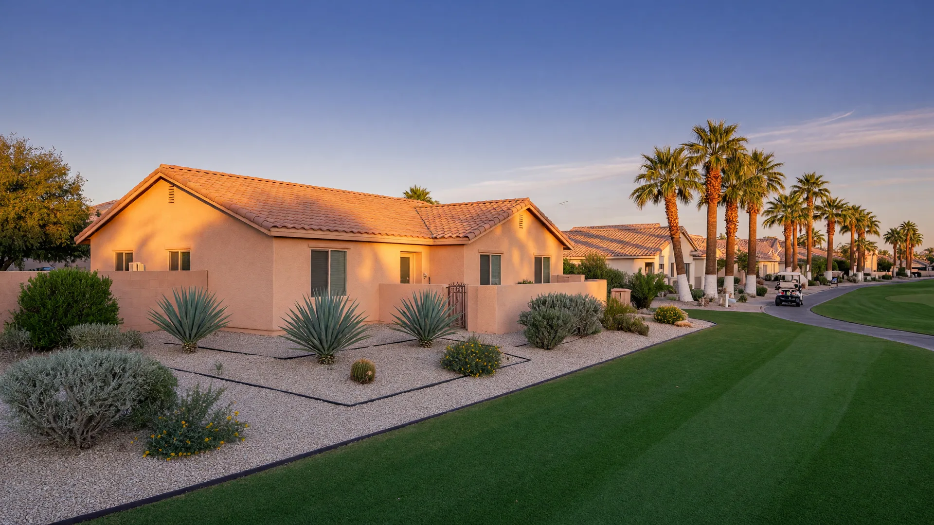 Single-story 55+ home beside a manicured golf fairway in Las Vegas, representative imagery
