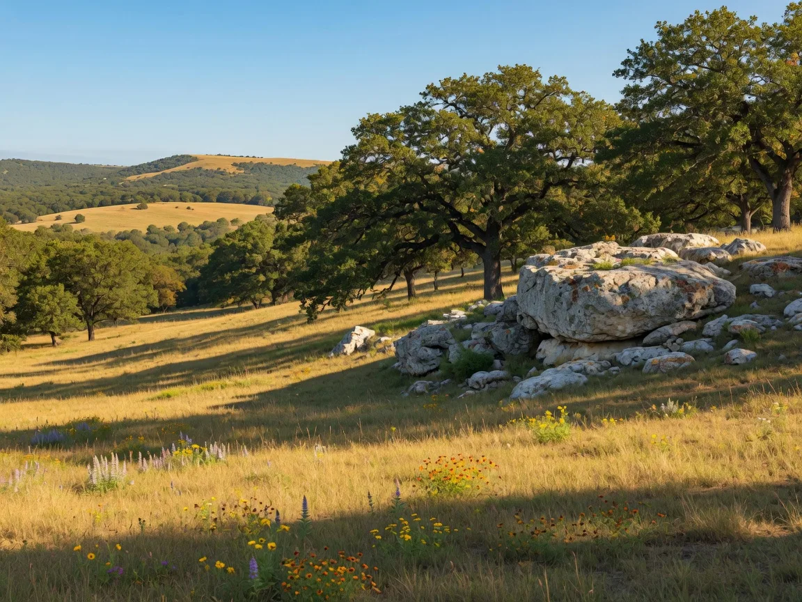Oak-shaded Hill Country meadow with a limestone outcropping and wildflowers near Woodcreek in Wimberley Texas