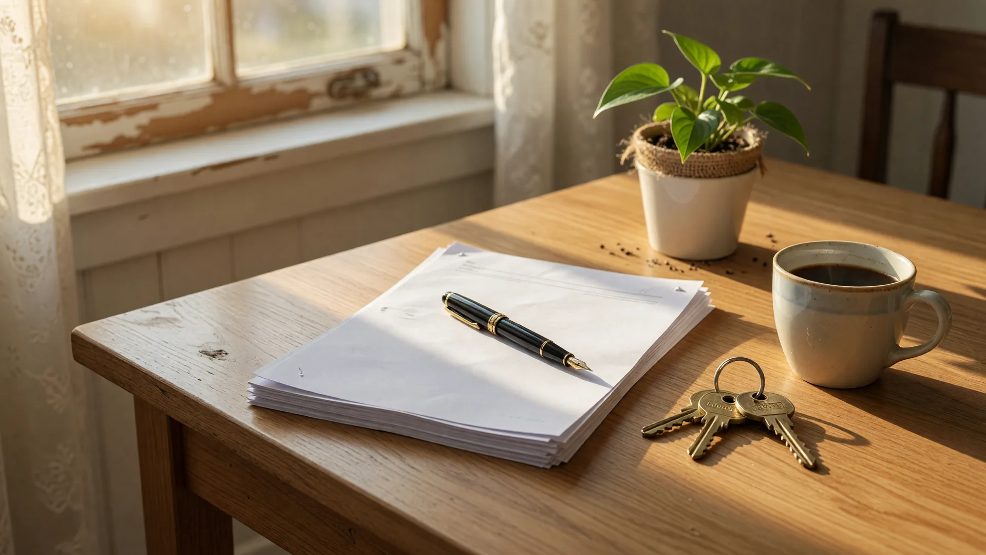 House keys, documents, and a pen on a farmhouse table in warm morning light, ready for a real estate decision