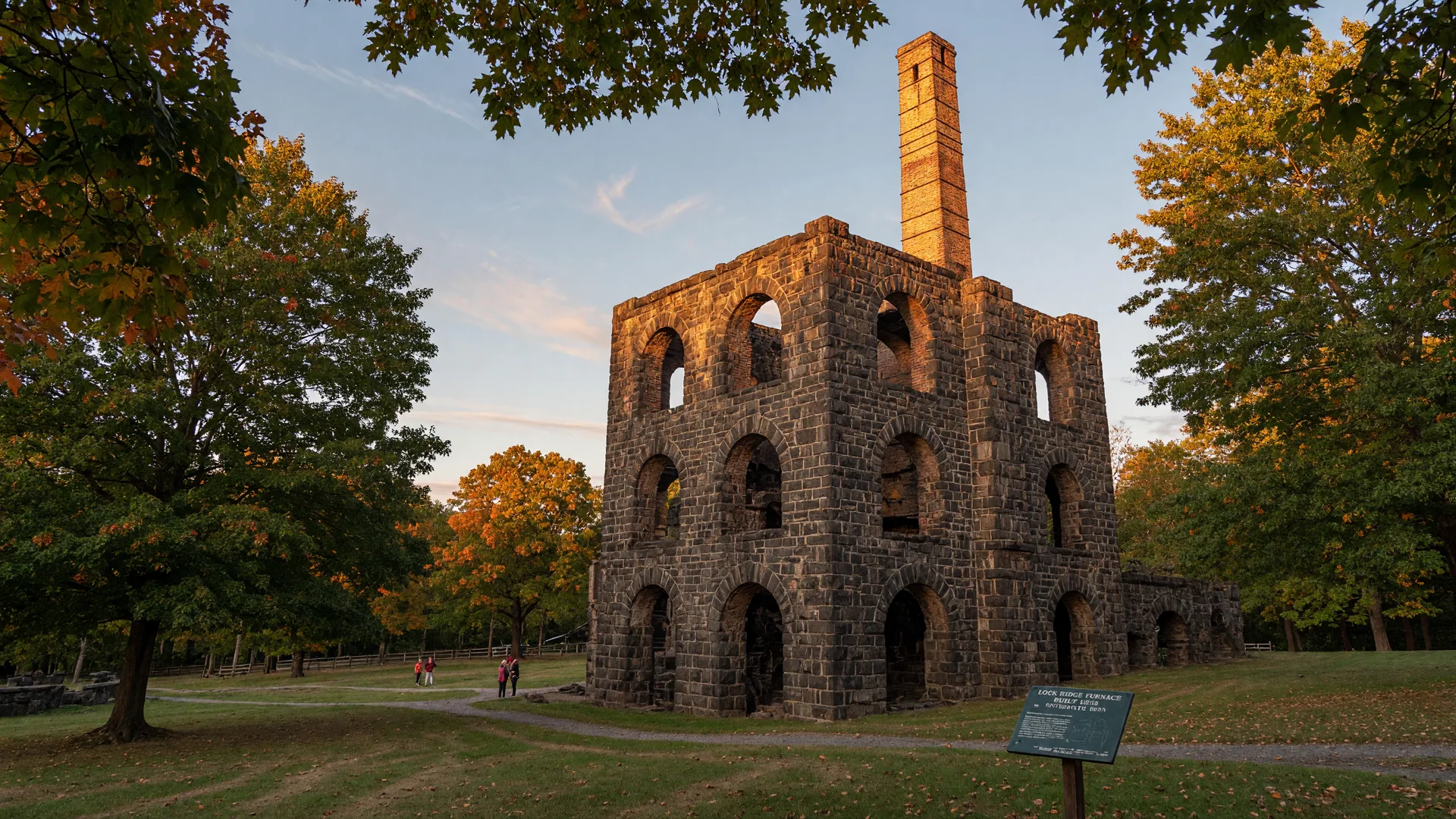 The castle-like stone blast furnace of Lock Ridge Furnace Museum rising from a green county park in Alburtis, Pennsylvania, with autumn trees in early color