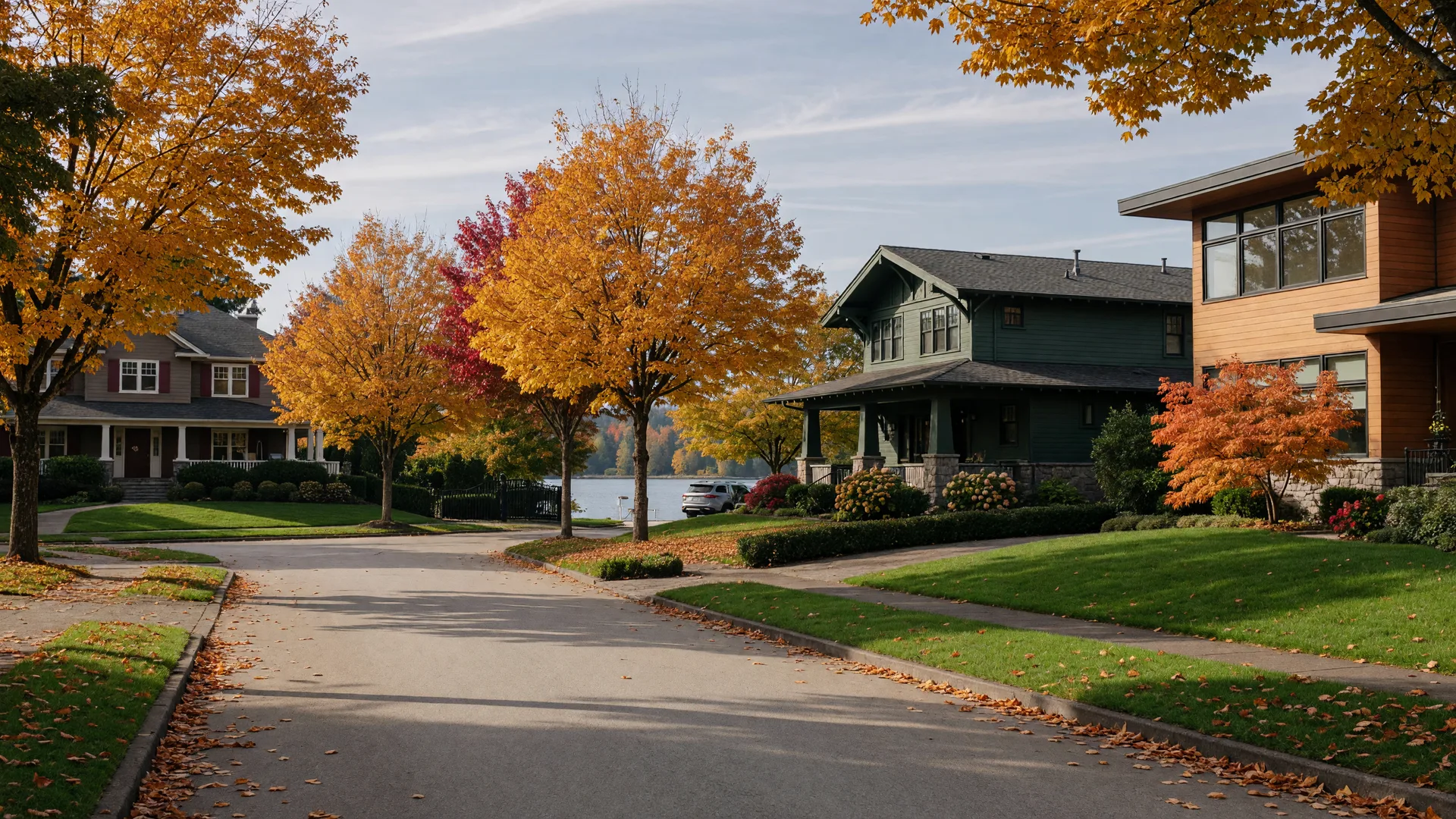 A quiet Lake Oswego residential street in early autumn with golden maples and warm morning light